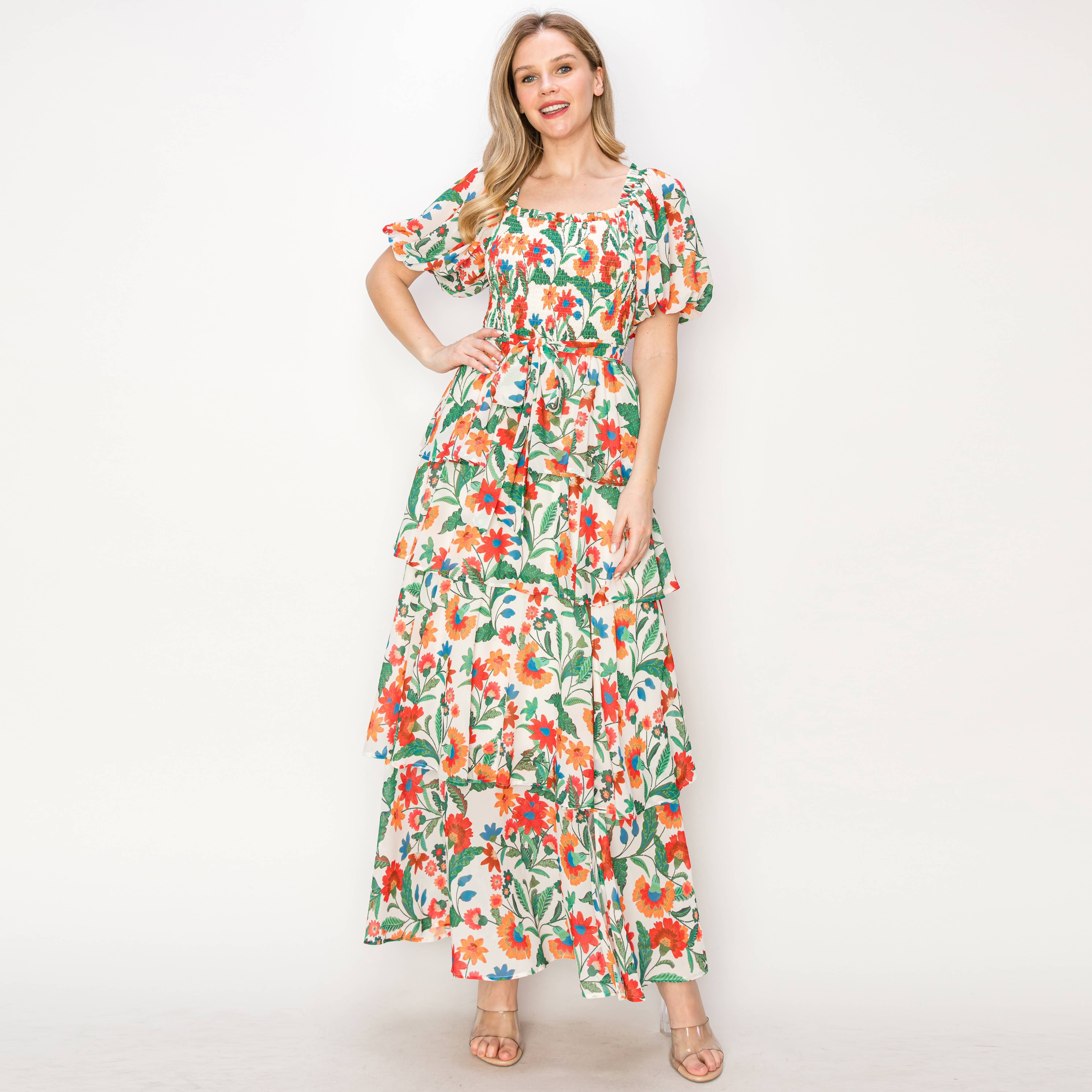Summer jacobean Print tiered ruffle maxi Dress