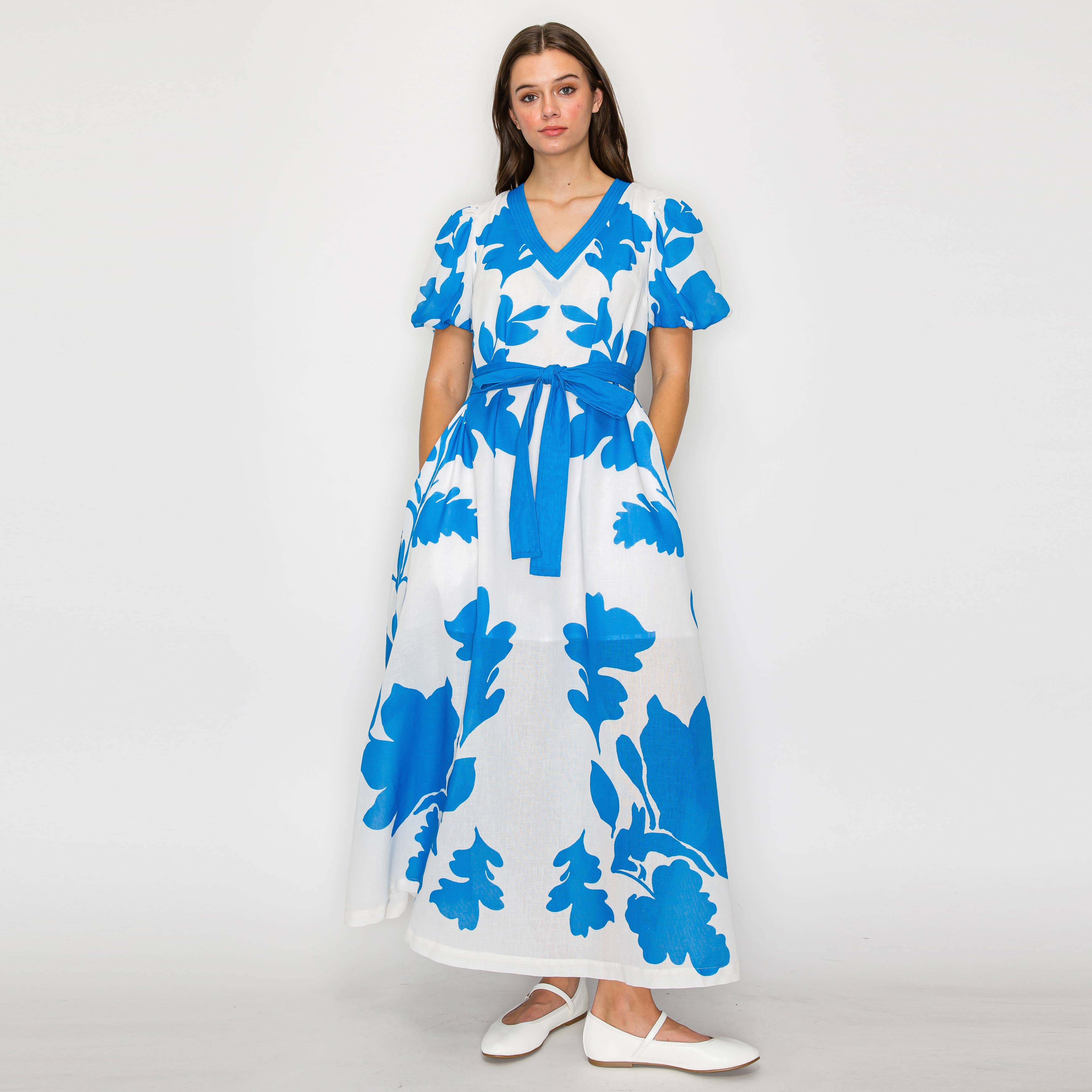 Blue Leaves Placement Print Long Dress