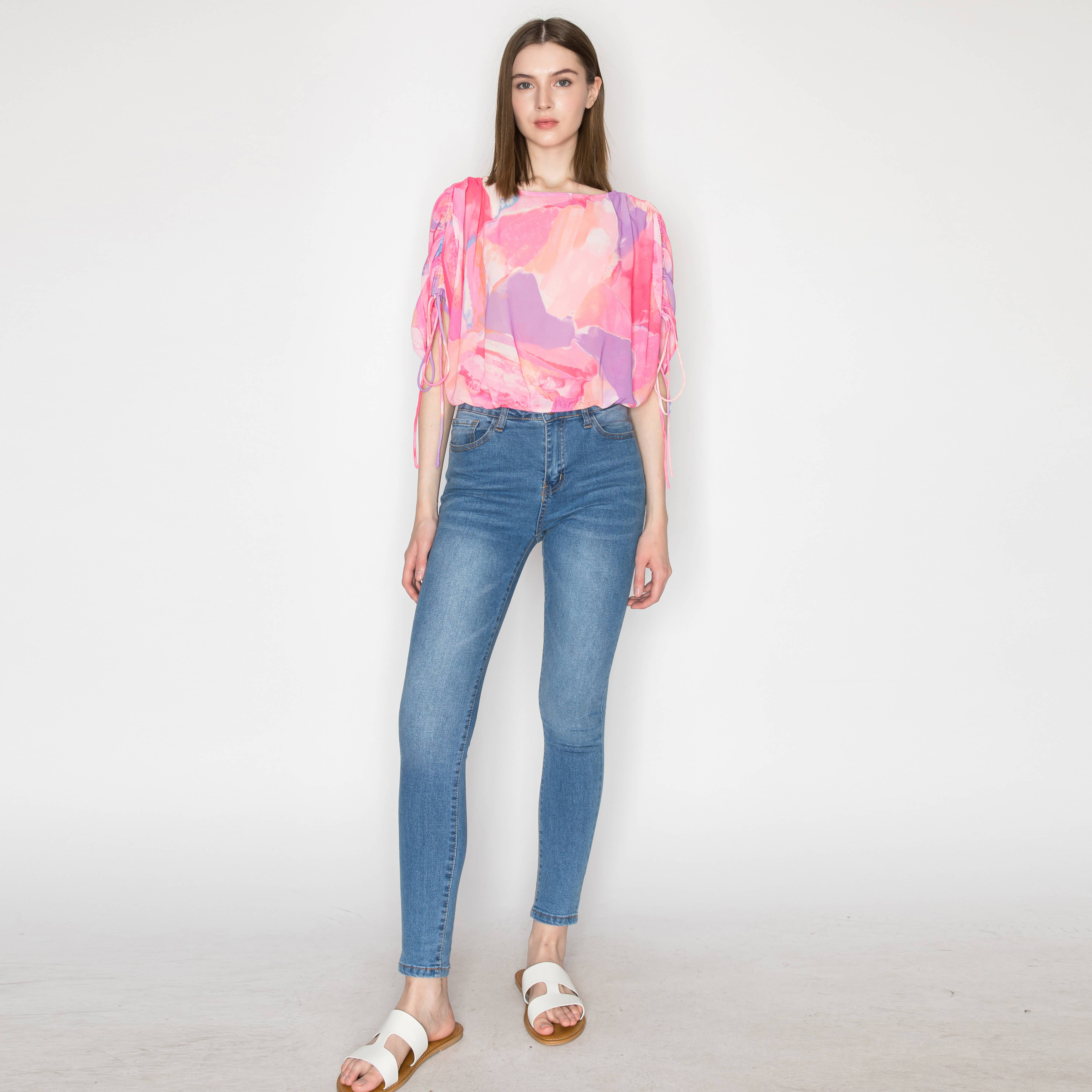 Abstract print shoulder shirring detail top