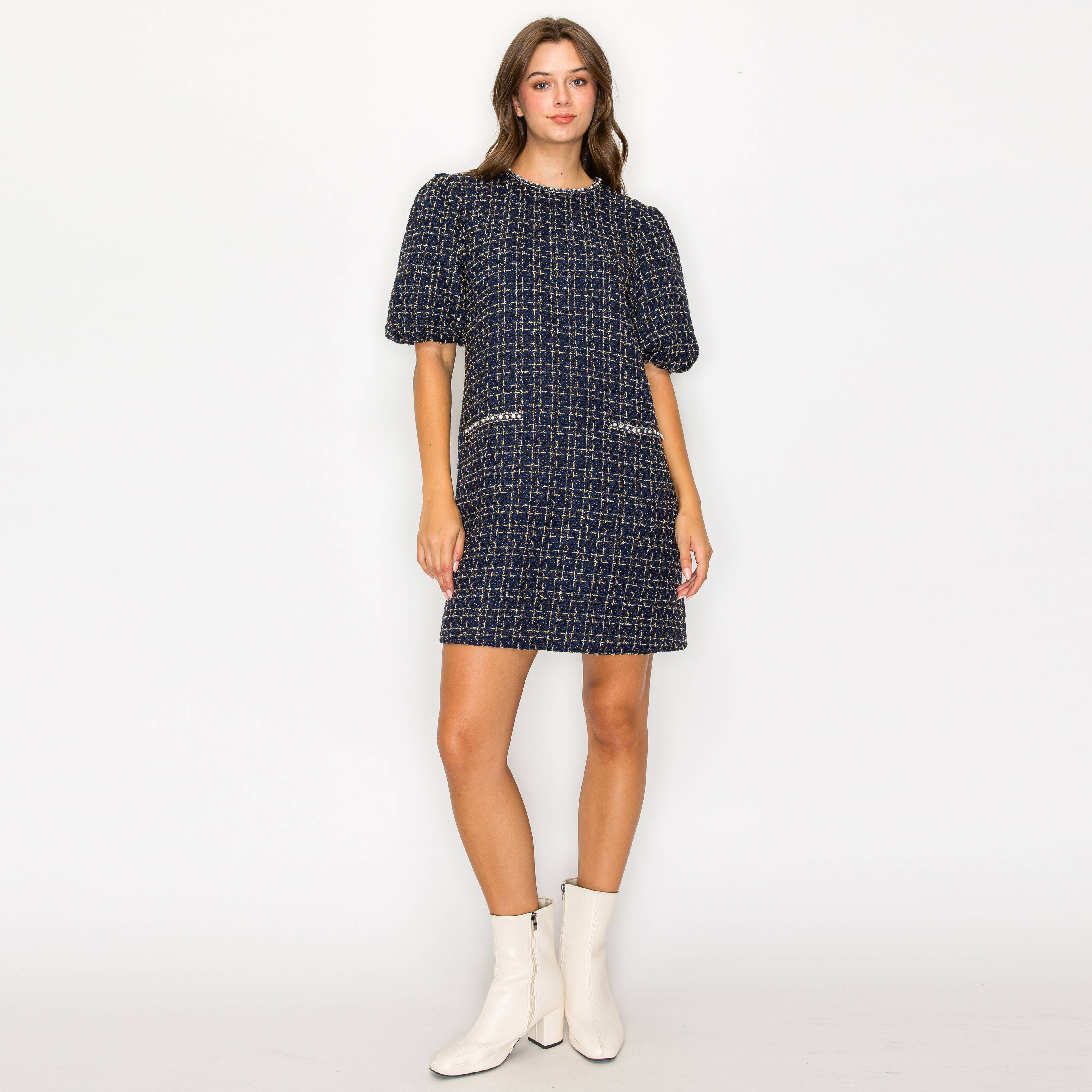 Boucle mini dress with jewel trim