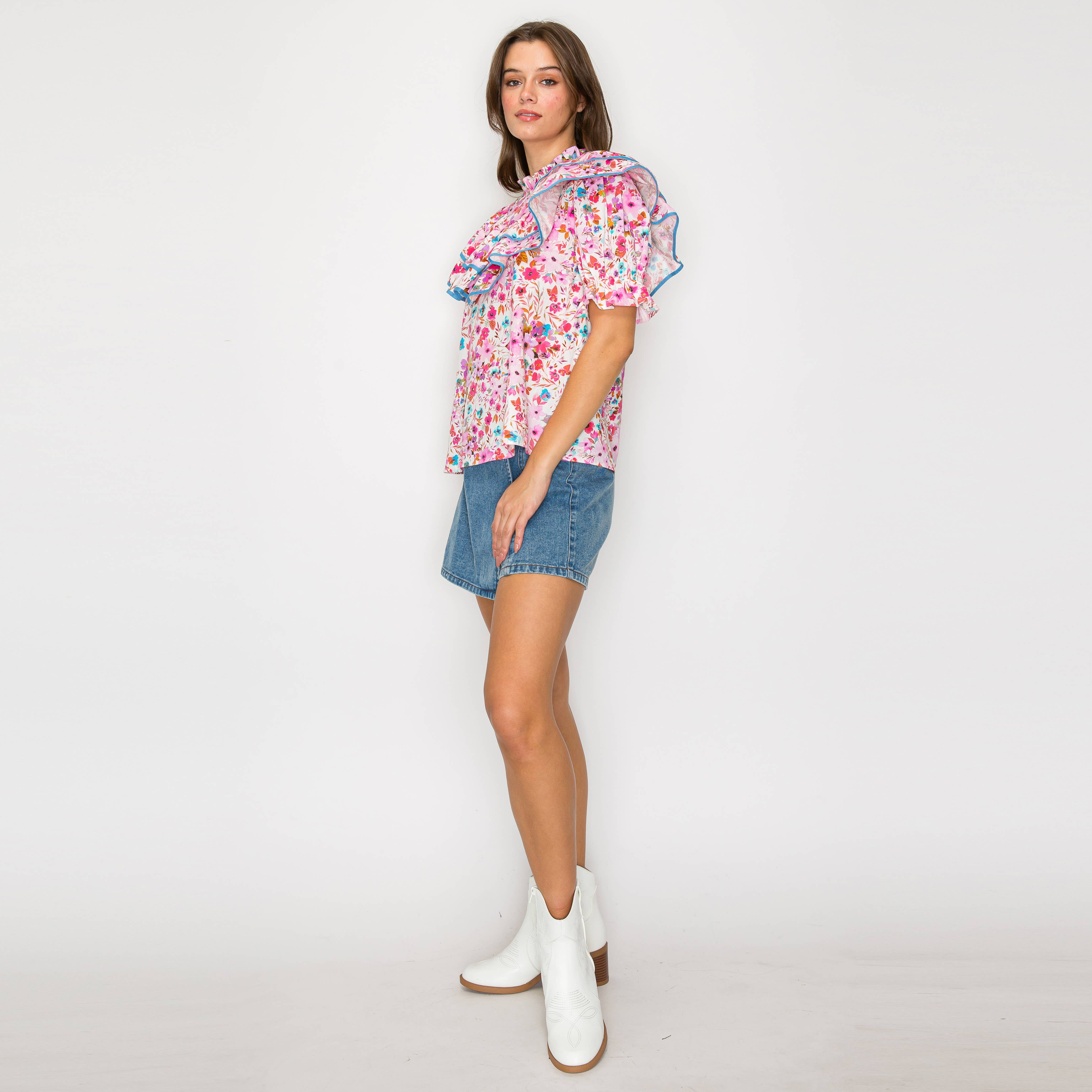 Double Ruffle Cotton Blouse Wildflower Print - Pink -LWT1981