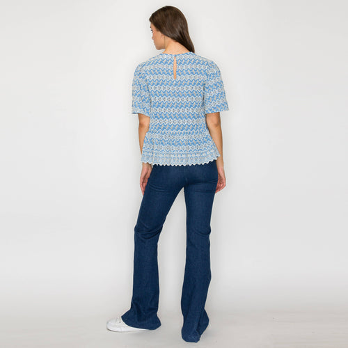 Periwinkle with White Embroidery Lovely Peplum Top