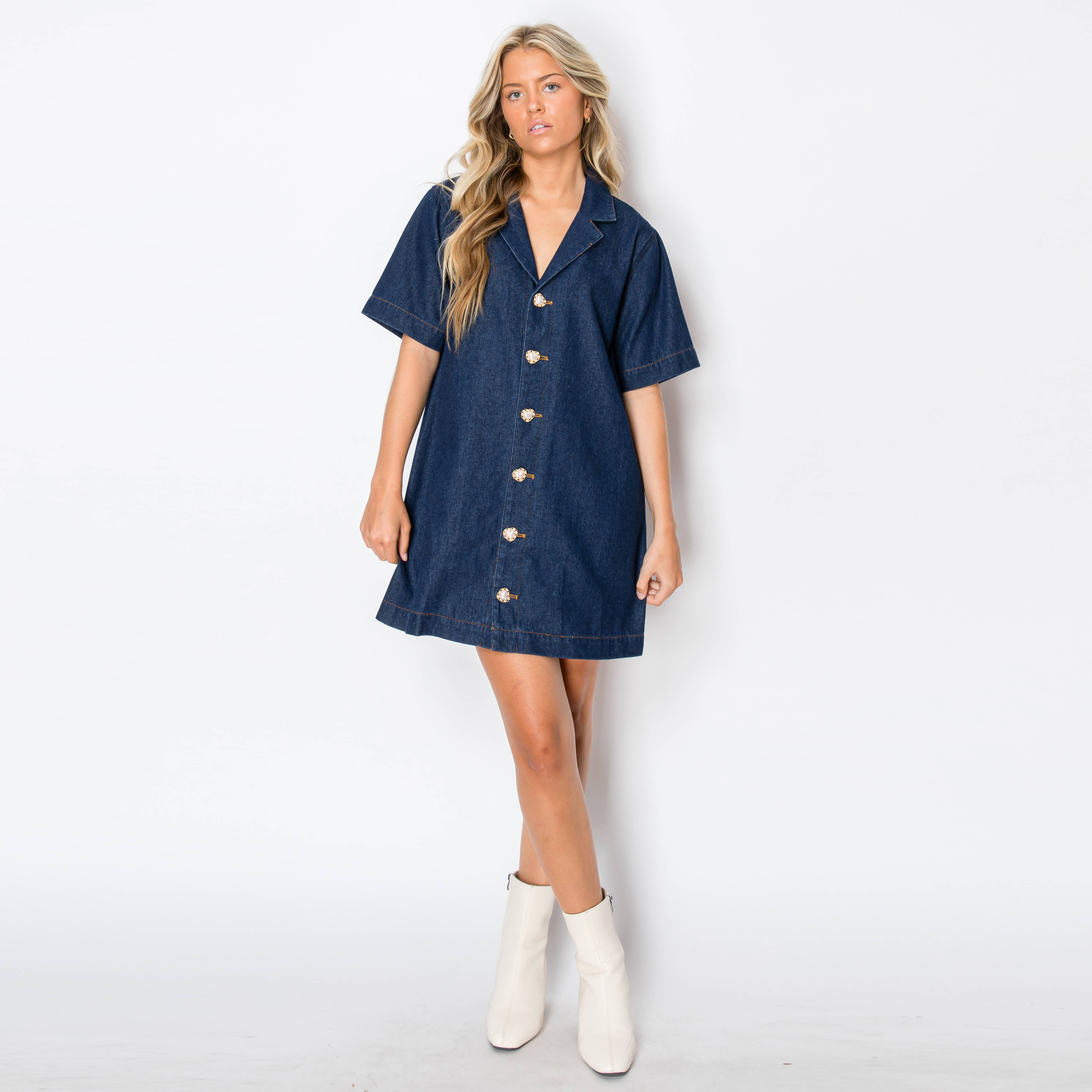Denim shirts mini dress with jewel buttons
