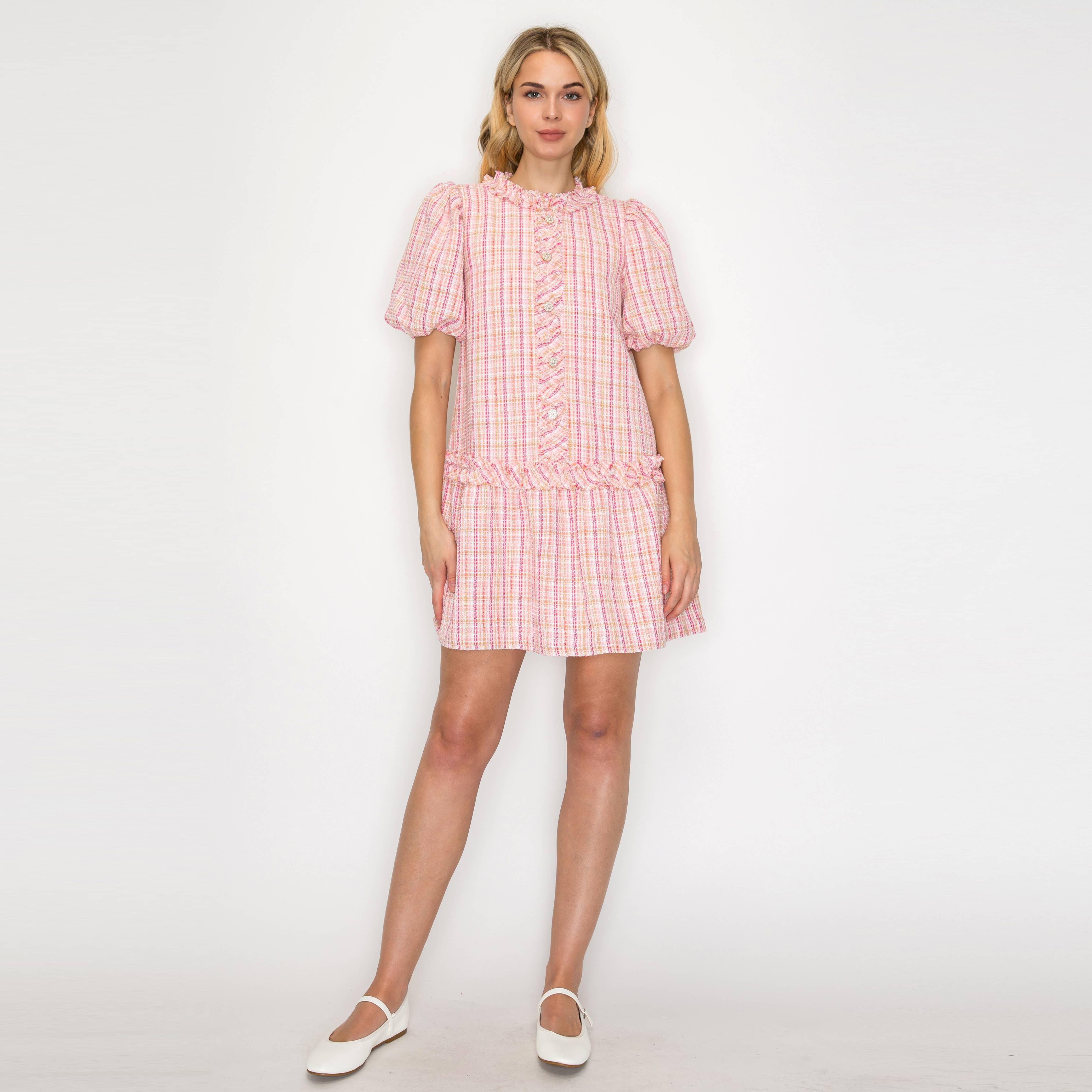 Charlotte Light Pink Boucle Mini Dress Puff Sleeves