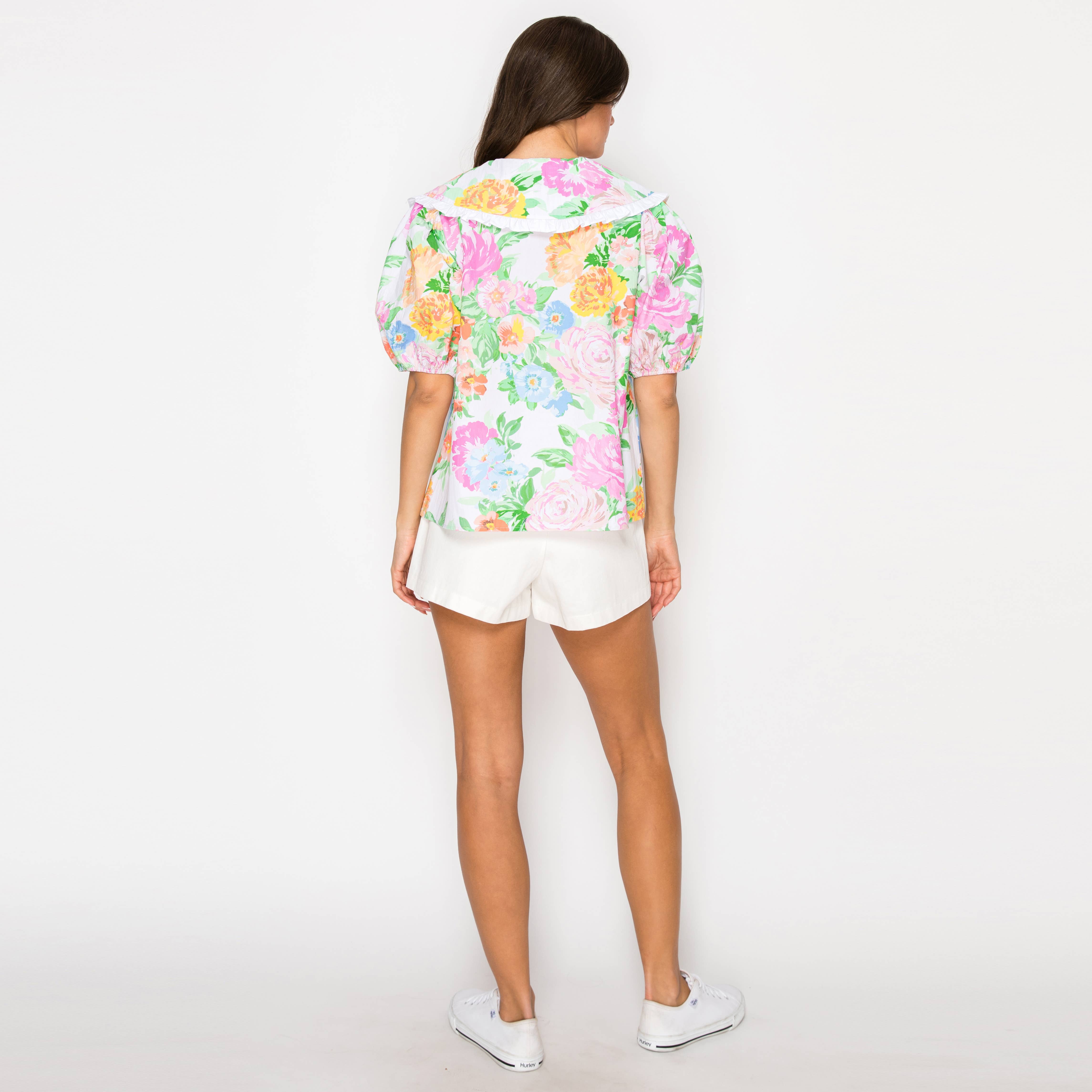Garden Flower Print Cotton Top With Collar