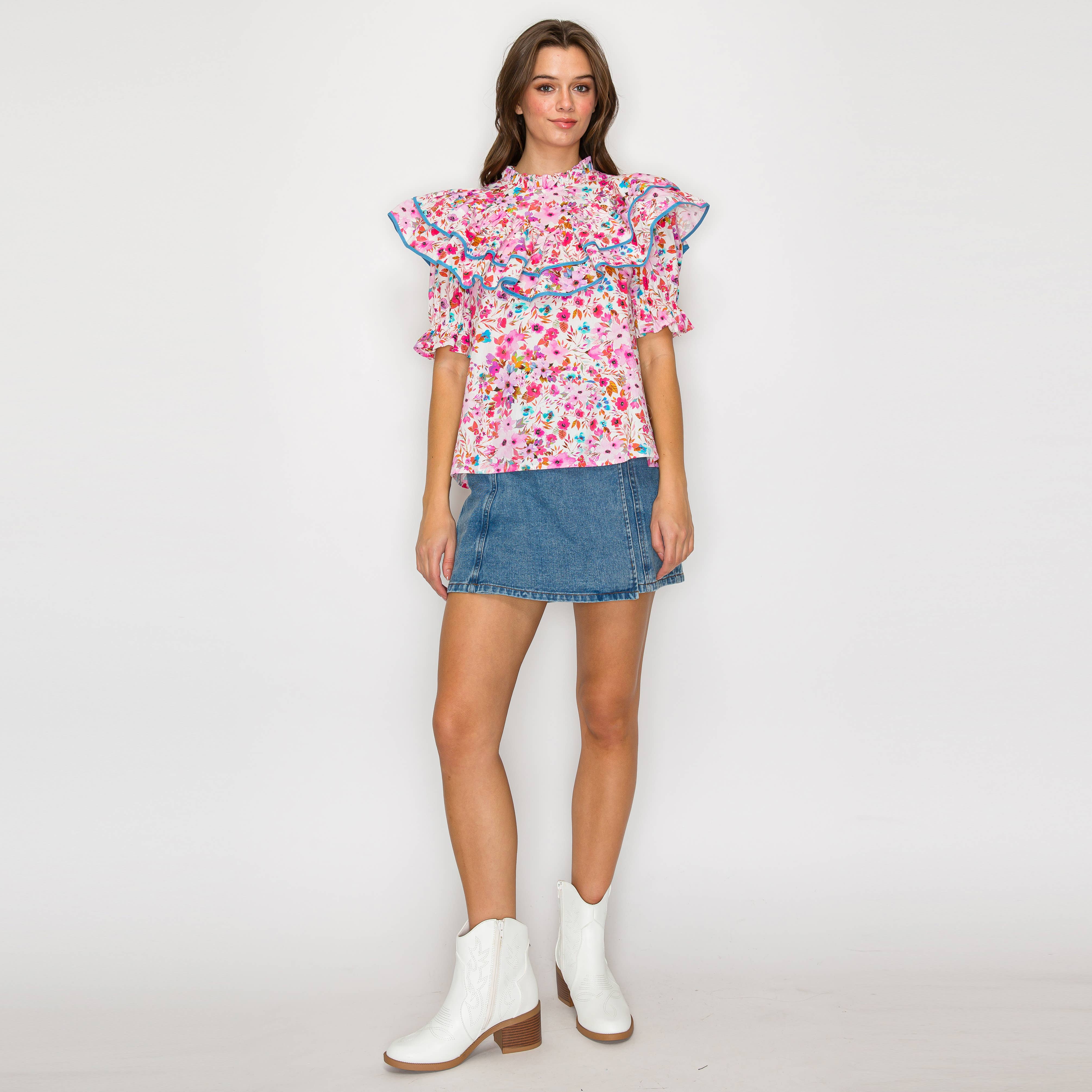 Double Ruffle Cotton Blouse Wildflower Print