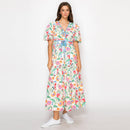 Summer Jacobean Flower Print Midi Dress Blue Binding-LWD2906