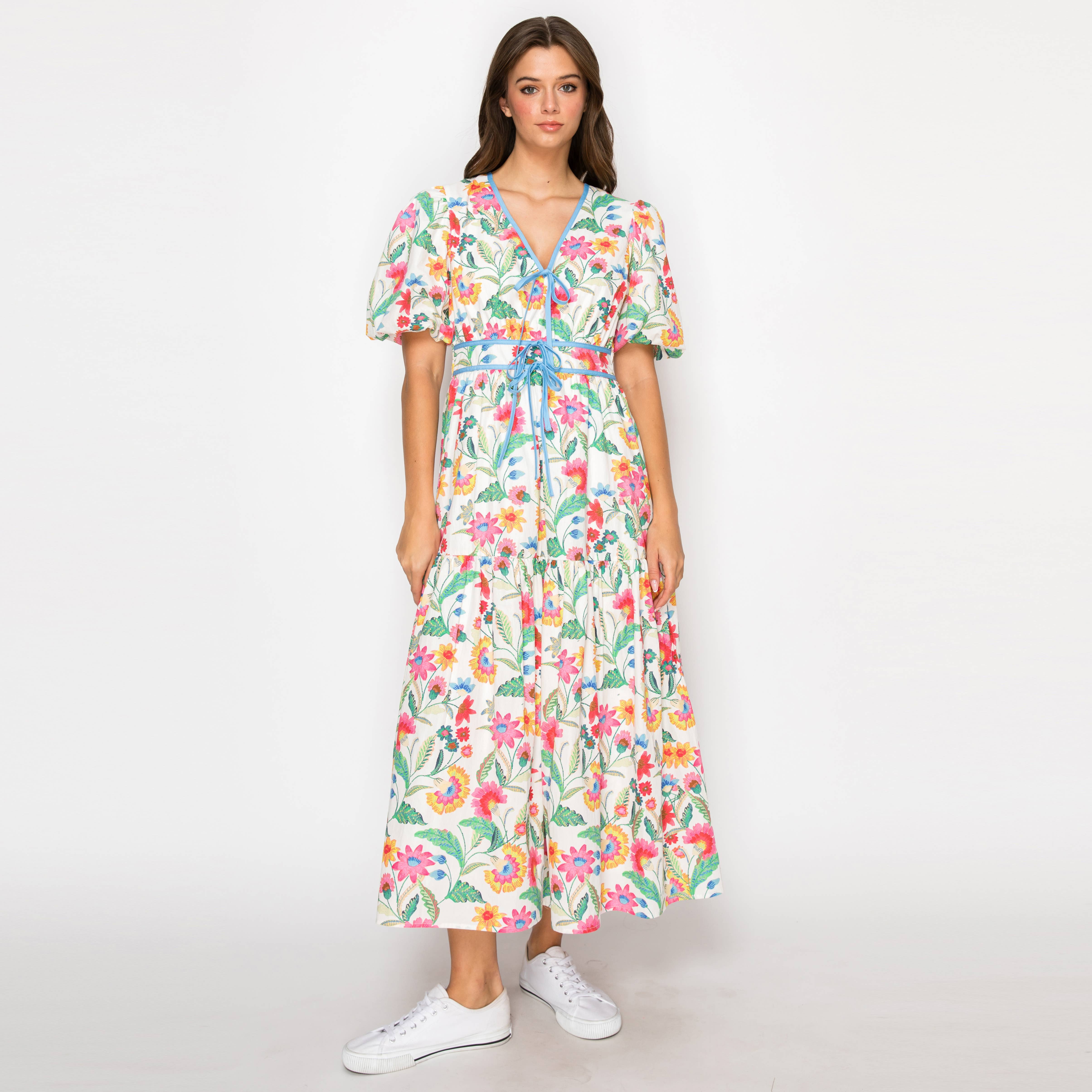 Summer Jacobean Flower Print Midi Dress Blue Binding