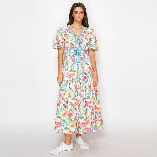 Summer Jacobean Flower Print Midi Dress Blue Binding-LWD2906