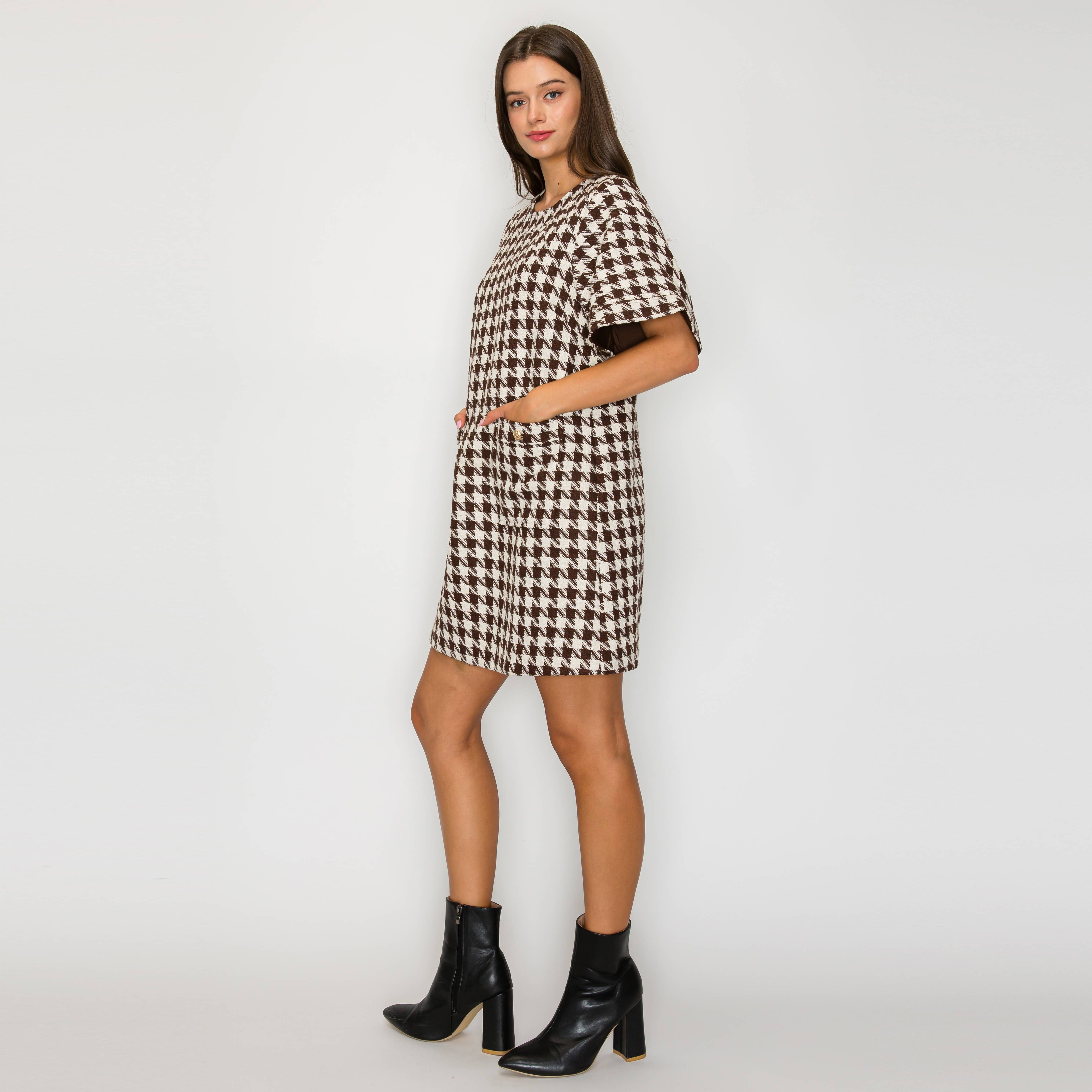 Mocha Latte Houndstooth JQD Mini Dress