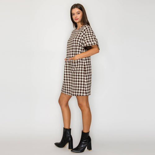 Mocha Latte Houndstooth JQD Mini Dress
