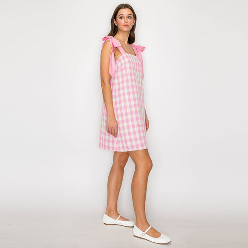 Pink Gingham Plaid Mini Dress with Bow Tie