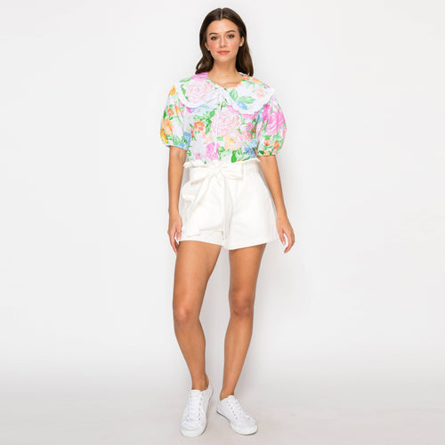 Garden Flower Print Cotton Top With Collar
