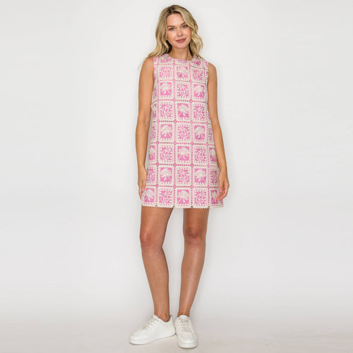 Single Pink Lace Patch Work Mini Shift Dress