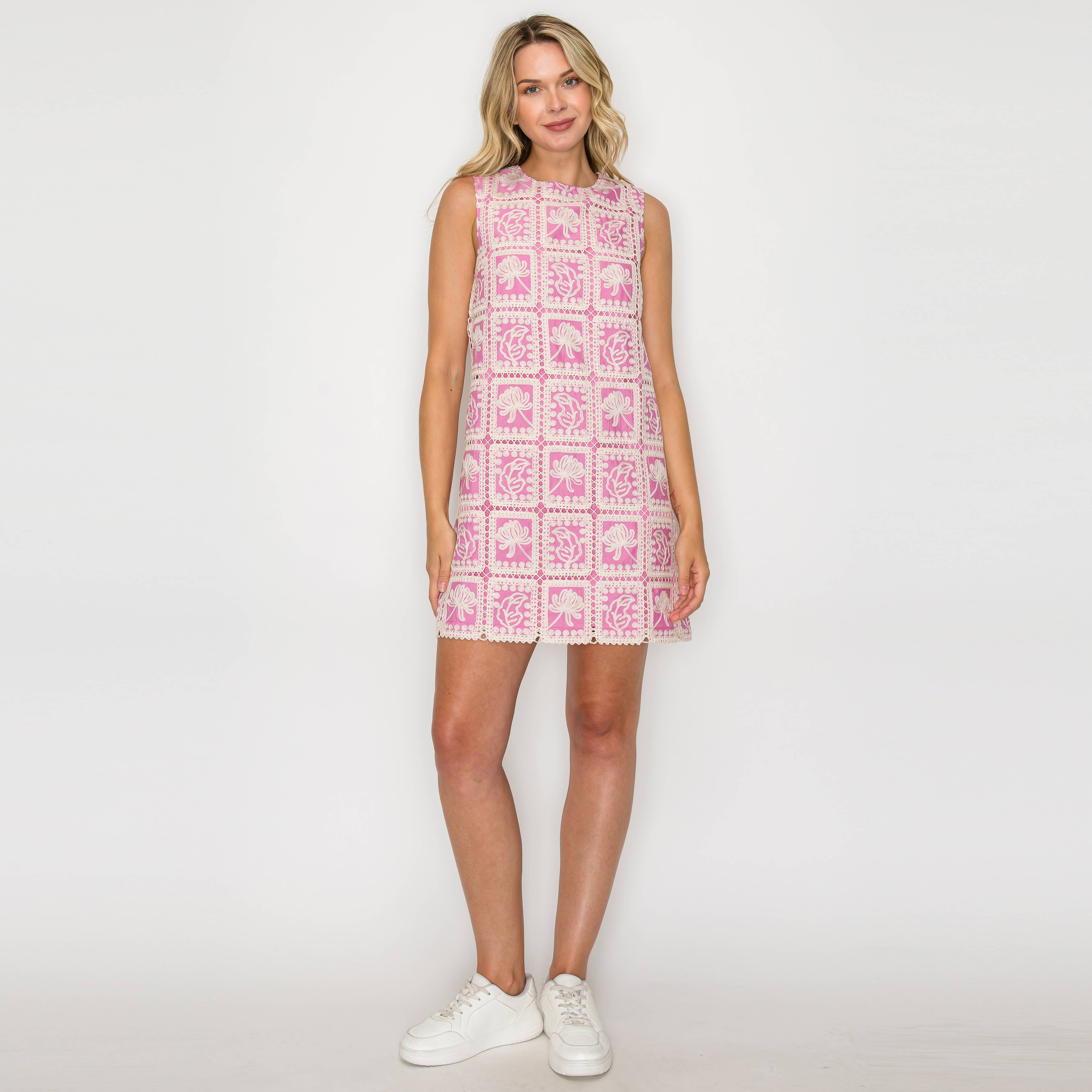Orchid Pink Lace Patch Work Mini Shift Dress