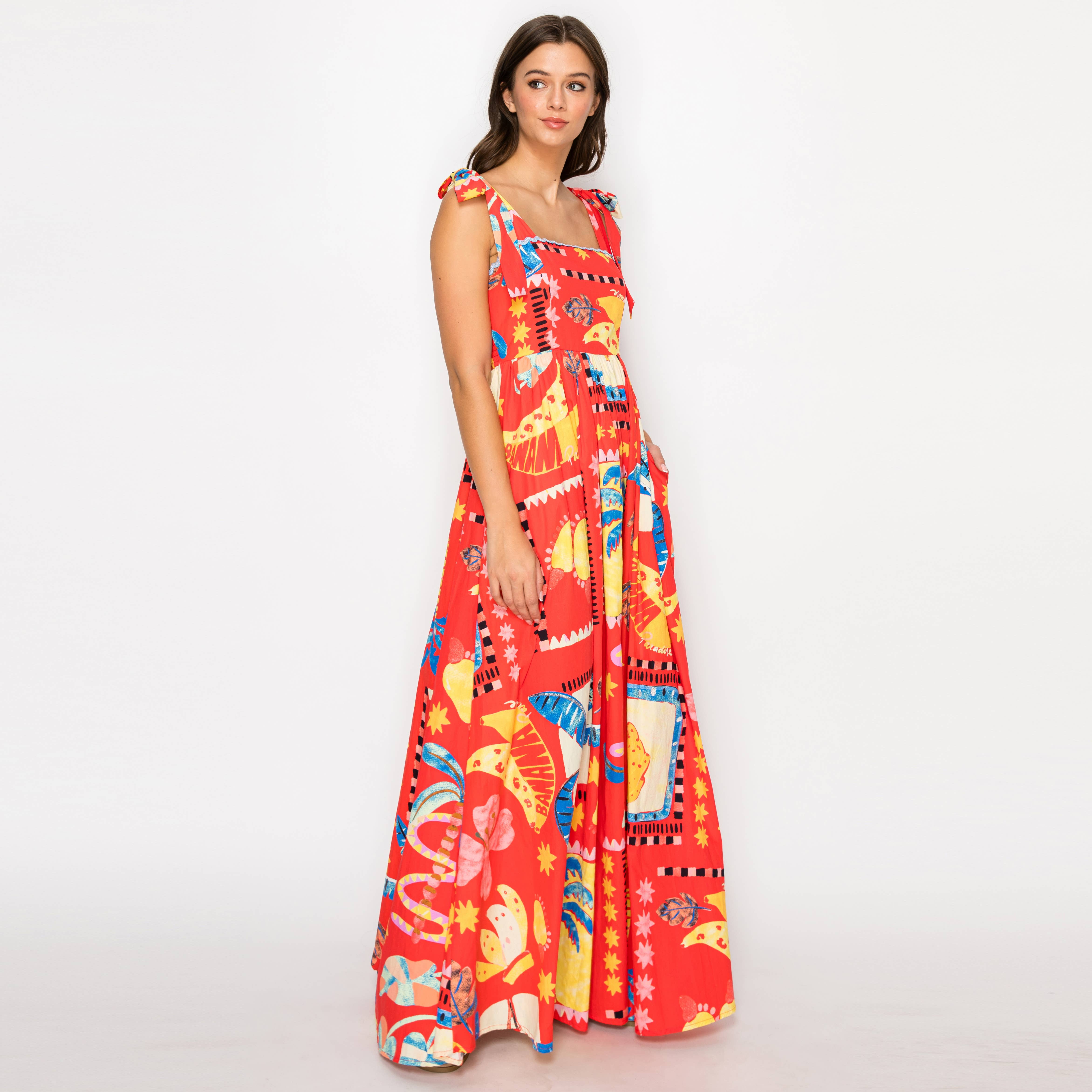 New Retro Red Tropical Maxi Dress