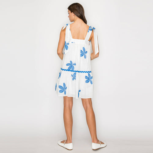 Blue Leaves Embroidery Mini Dress with Shoulder Tie- LWD2959