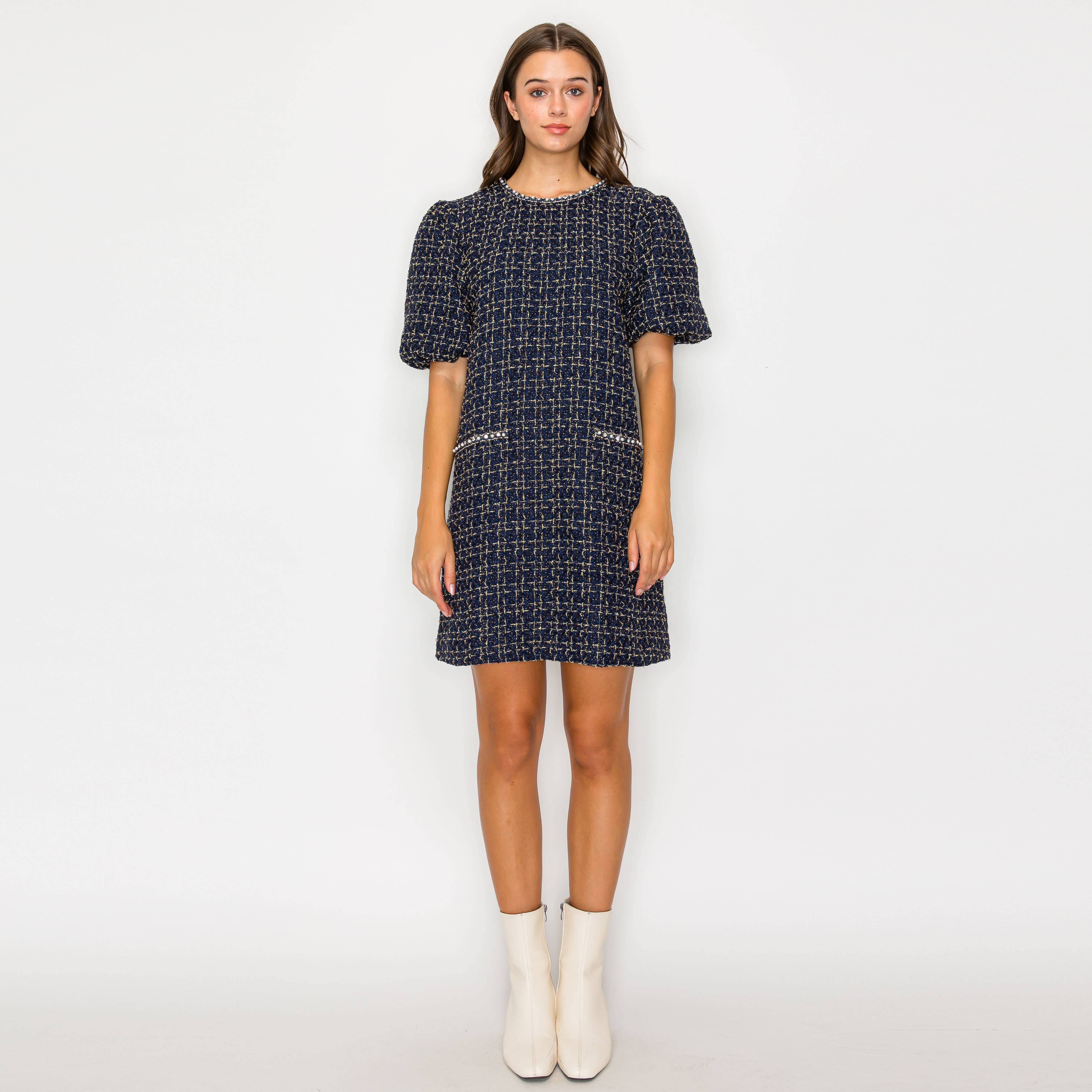 Boucle mini dress with jewel trim