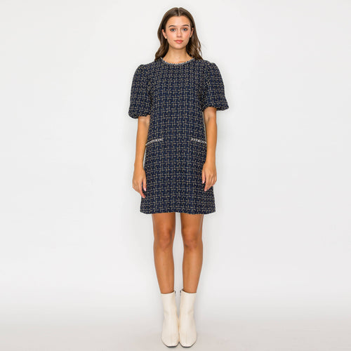 Boucle mini dress with jewel trim