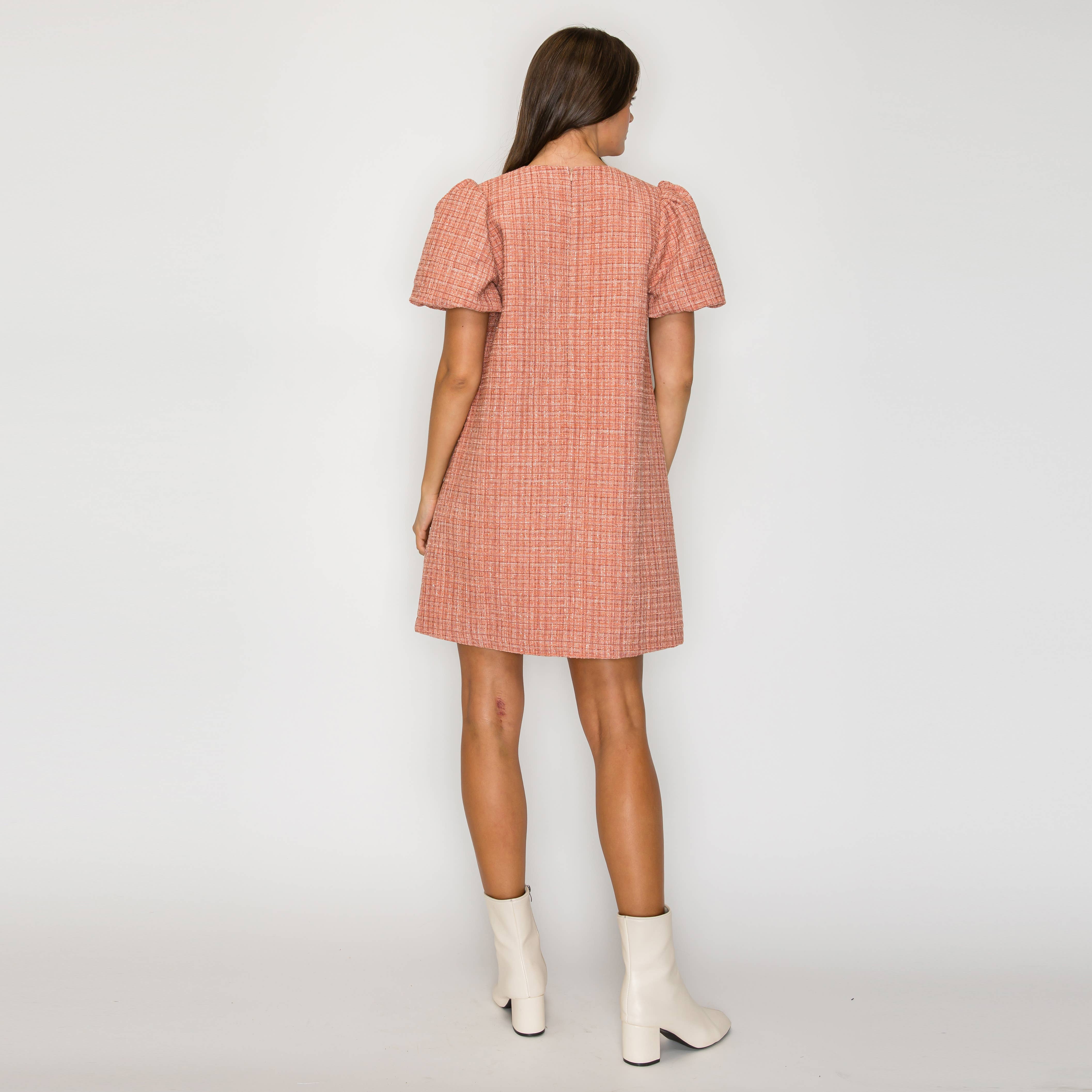 Classic Boucle Mini Shift Dress in Salmon Pink