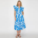 Summer Blue Flower Print Cotton Midi Dress