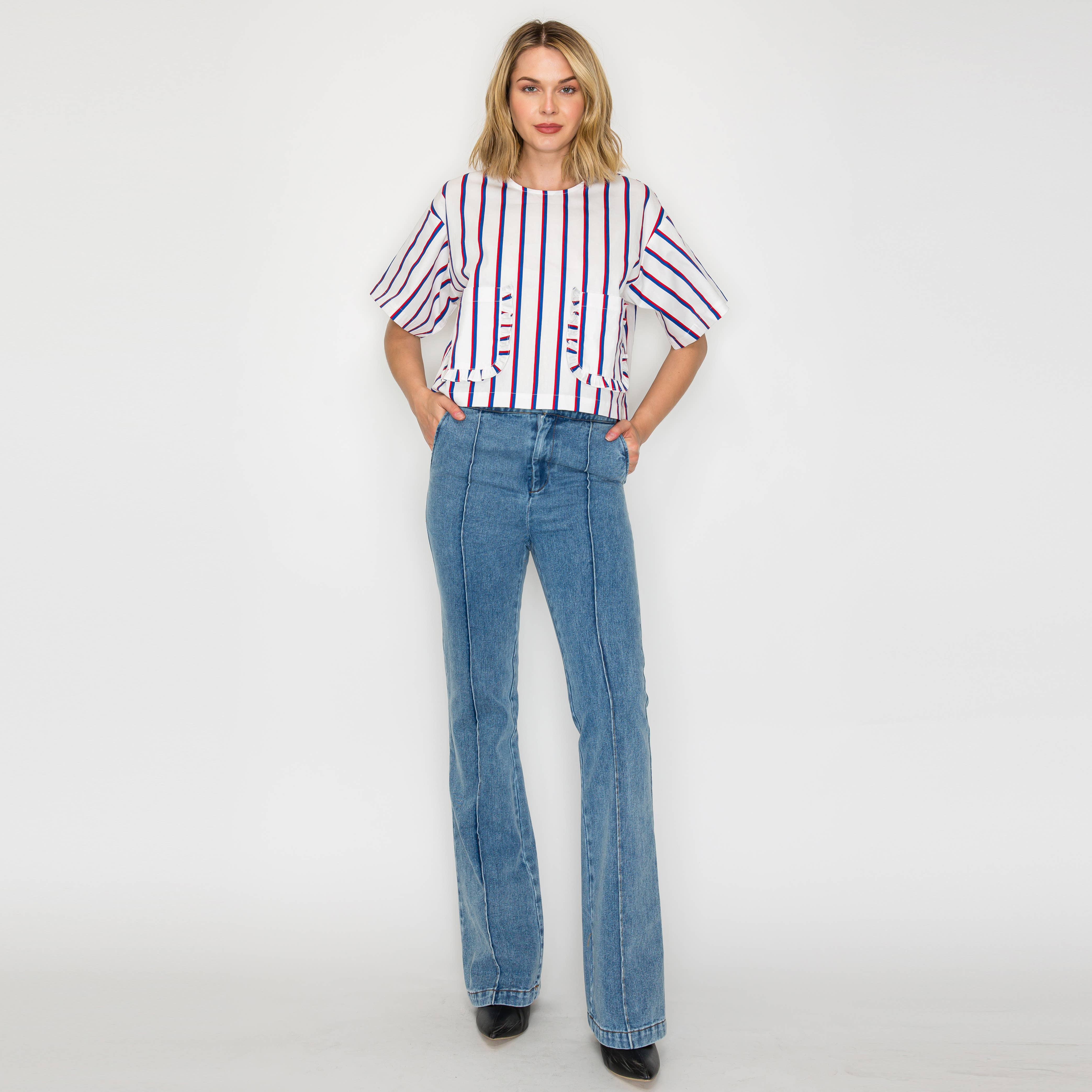 Ruffle Ruffle Stripe Top - Blue & Red stripe