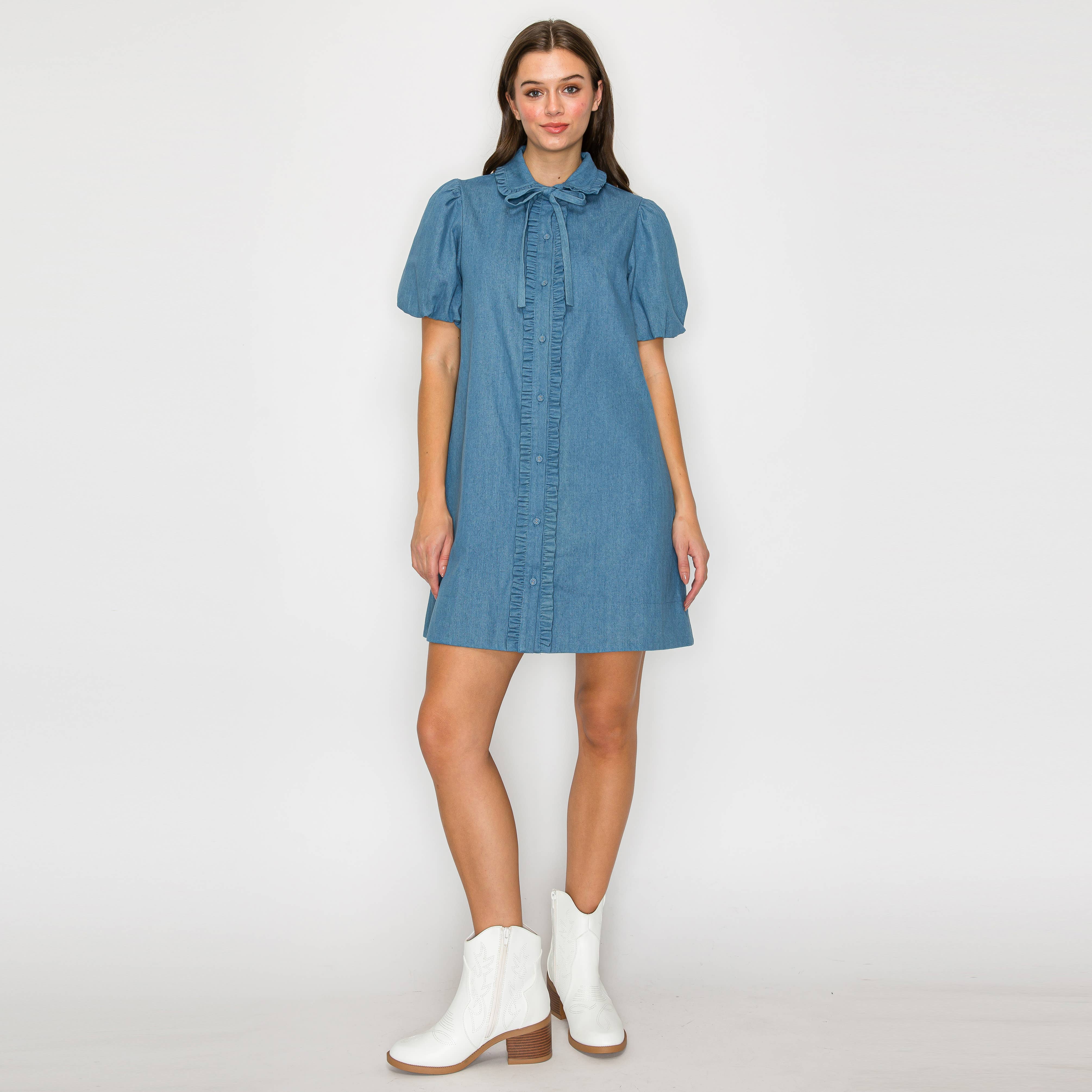 Ruffle Detail Collar Denim Mini Dress