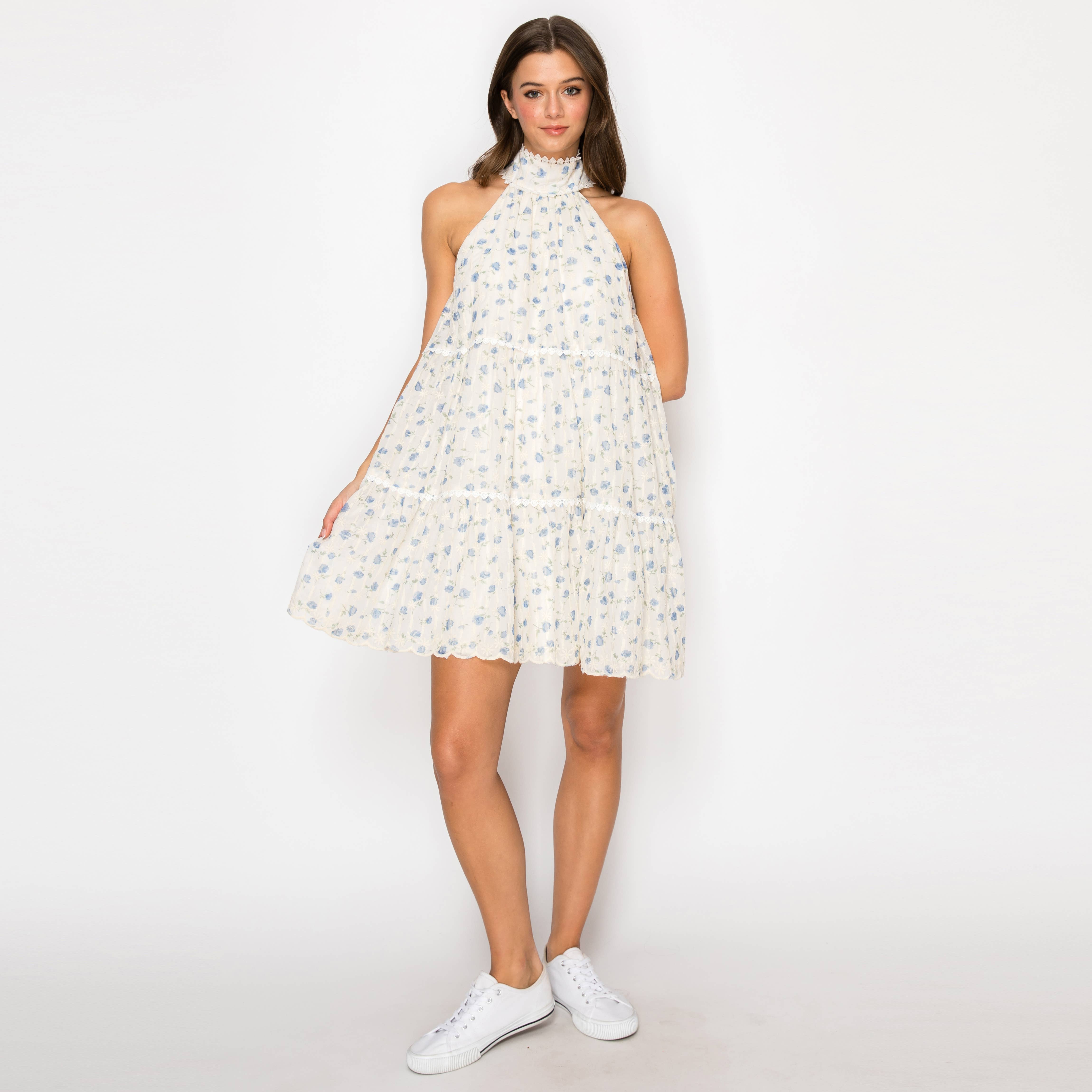 Blue Cloud Daisy Halter Mini Dress