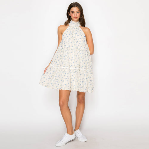 Blue Cloud Daisy Halter Mini Dress