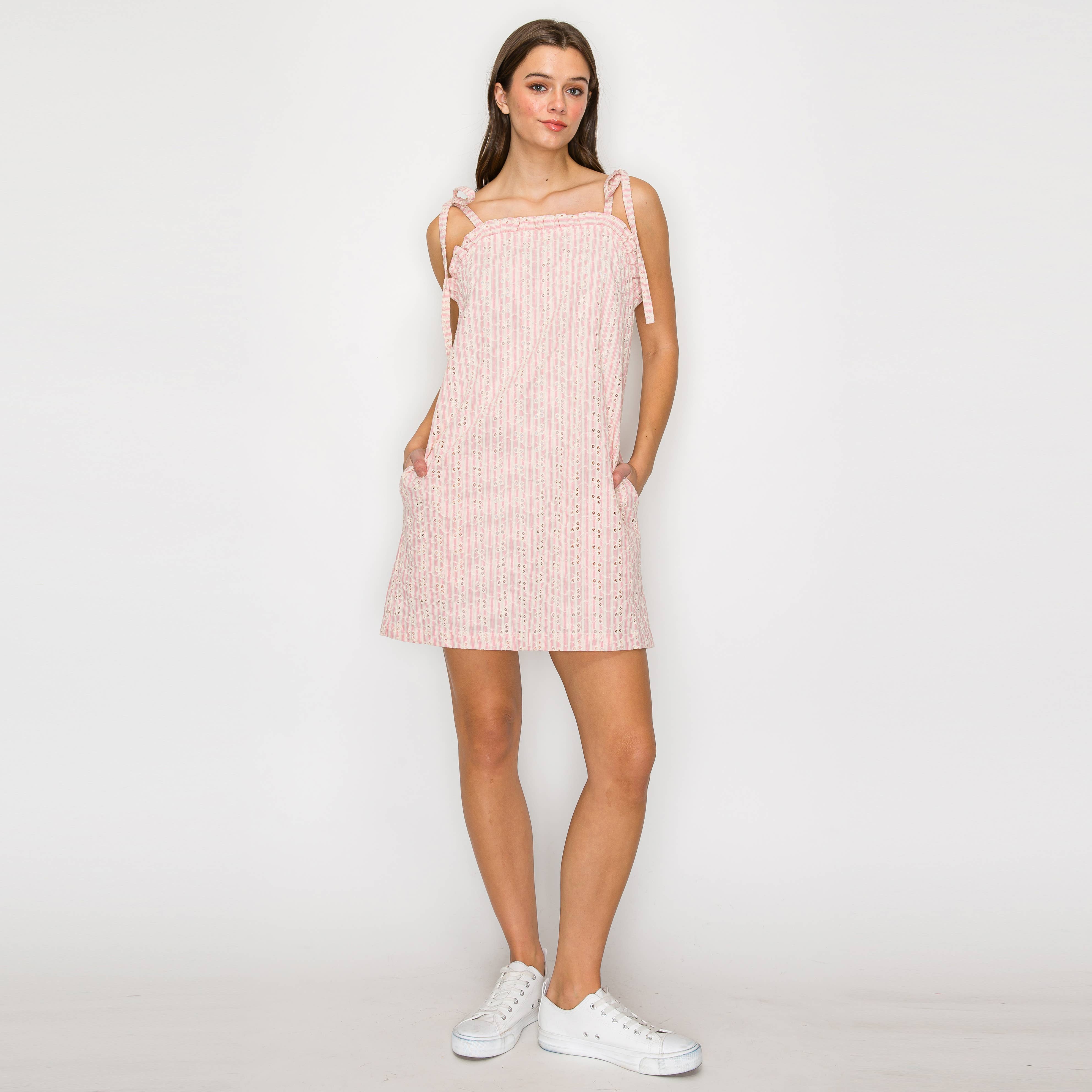 Soft Pink Stripe w/ Embroidery Mini Dress w/ Ruffle -LWD2843