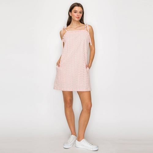 Soft Pink Stripe w/ Embroidery Mini Dress w/ Ruffle -LWD2843