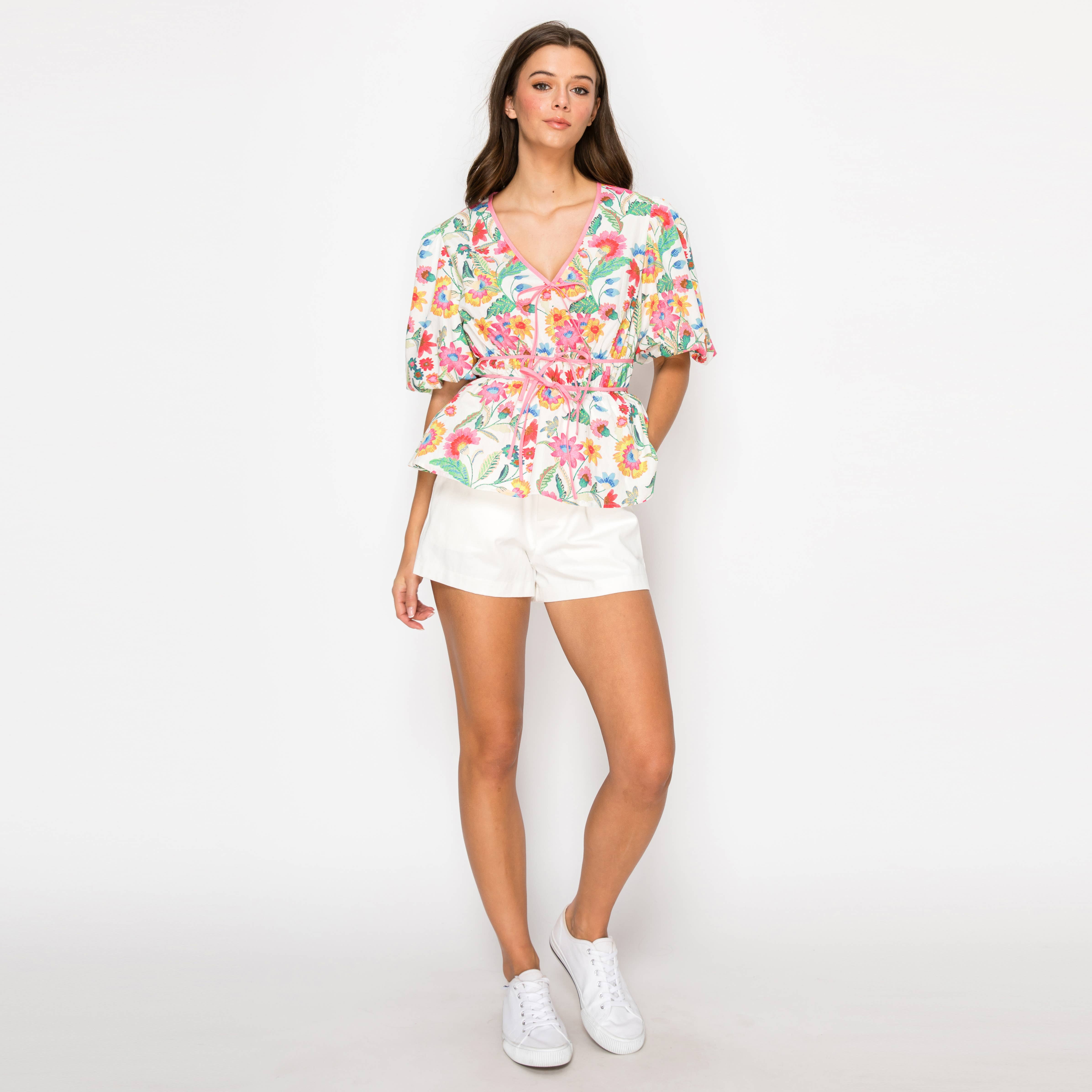 Summer Jacobean Flower Print Top with Bow tie