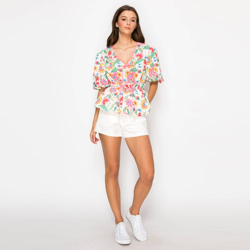 Summer Jacobean Flower Print Top with Bow tie