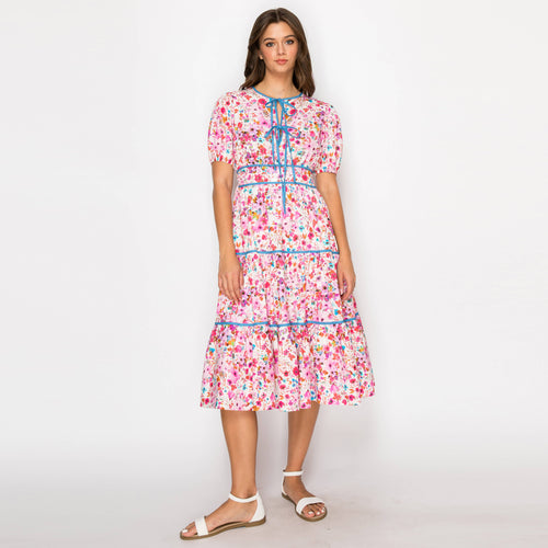 Double Bow Tie Midi Dress with Wild Flower Print
