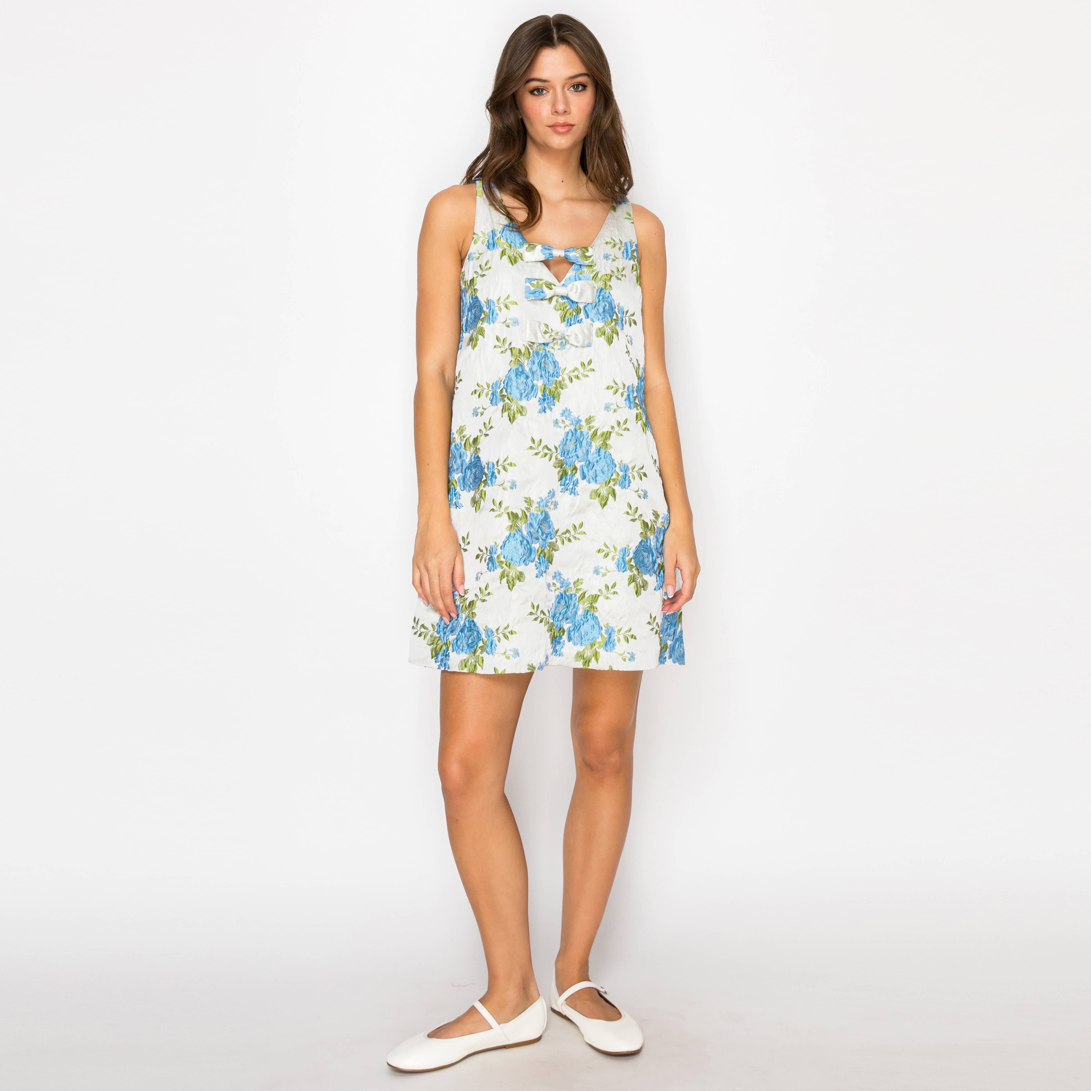 Blue Flower Jacquard Brocade Mini Dress with Bow