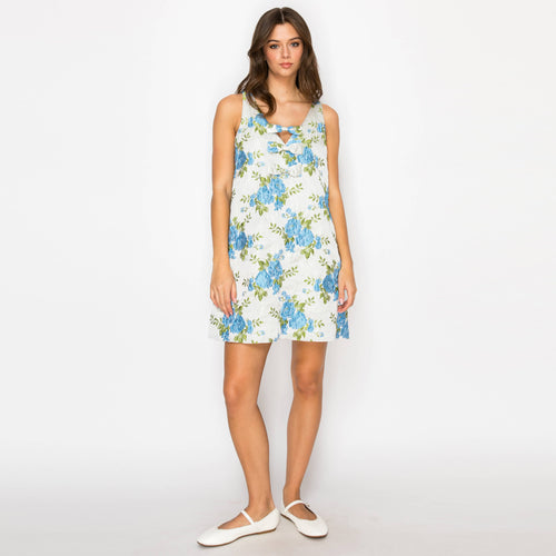 Blue Flower Jacquard Brocade Mini Dress with Bow