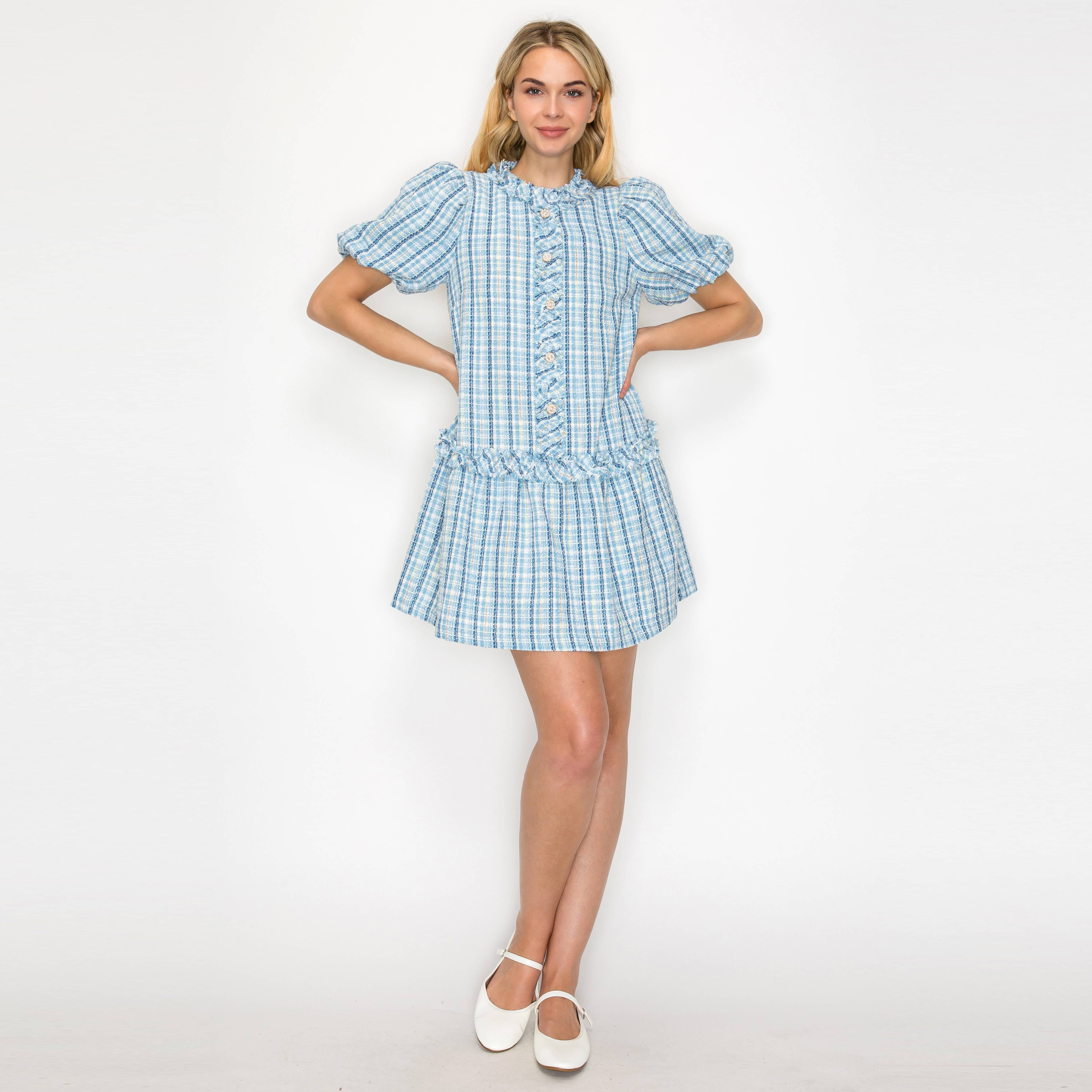 Charlotte Light Blue Boucle Mini Dress Puff Sleeves