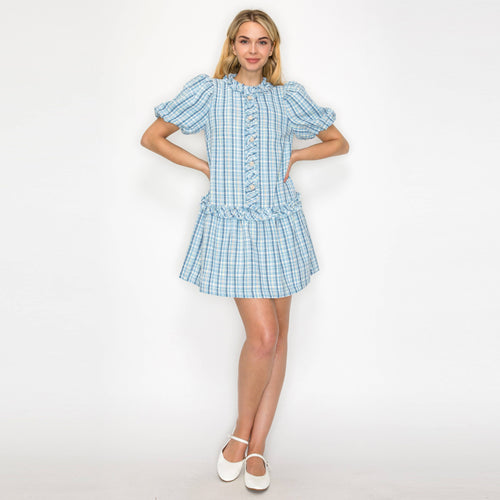 Charlotte Light Blue Boucle Mini Dress Puff Sleeves -LWD2879