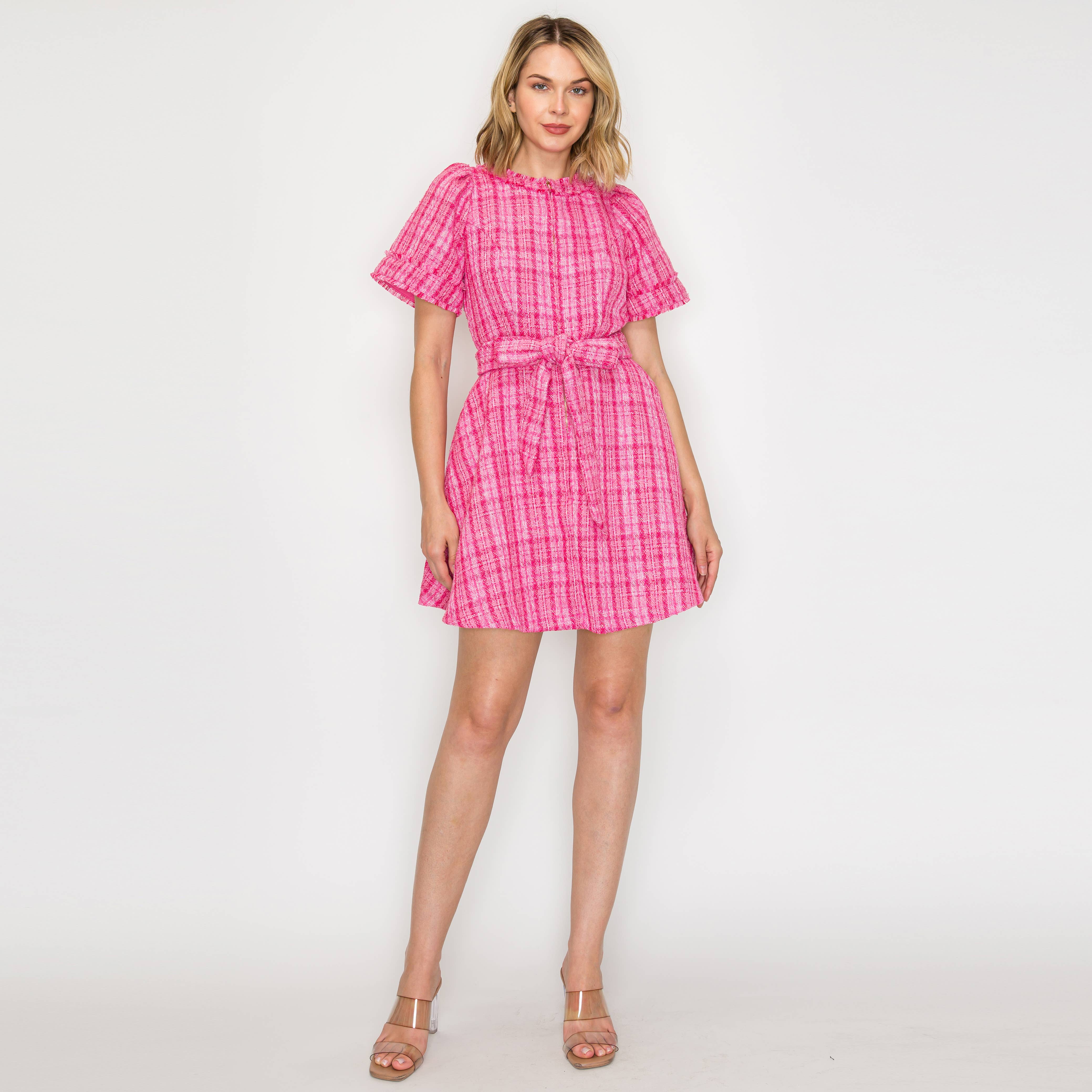 Pretty Pink Checker Boucle Mini Dress