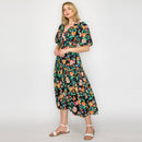Colorful Jacobean in Black Midi Dress