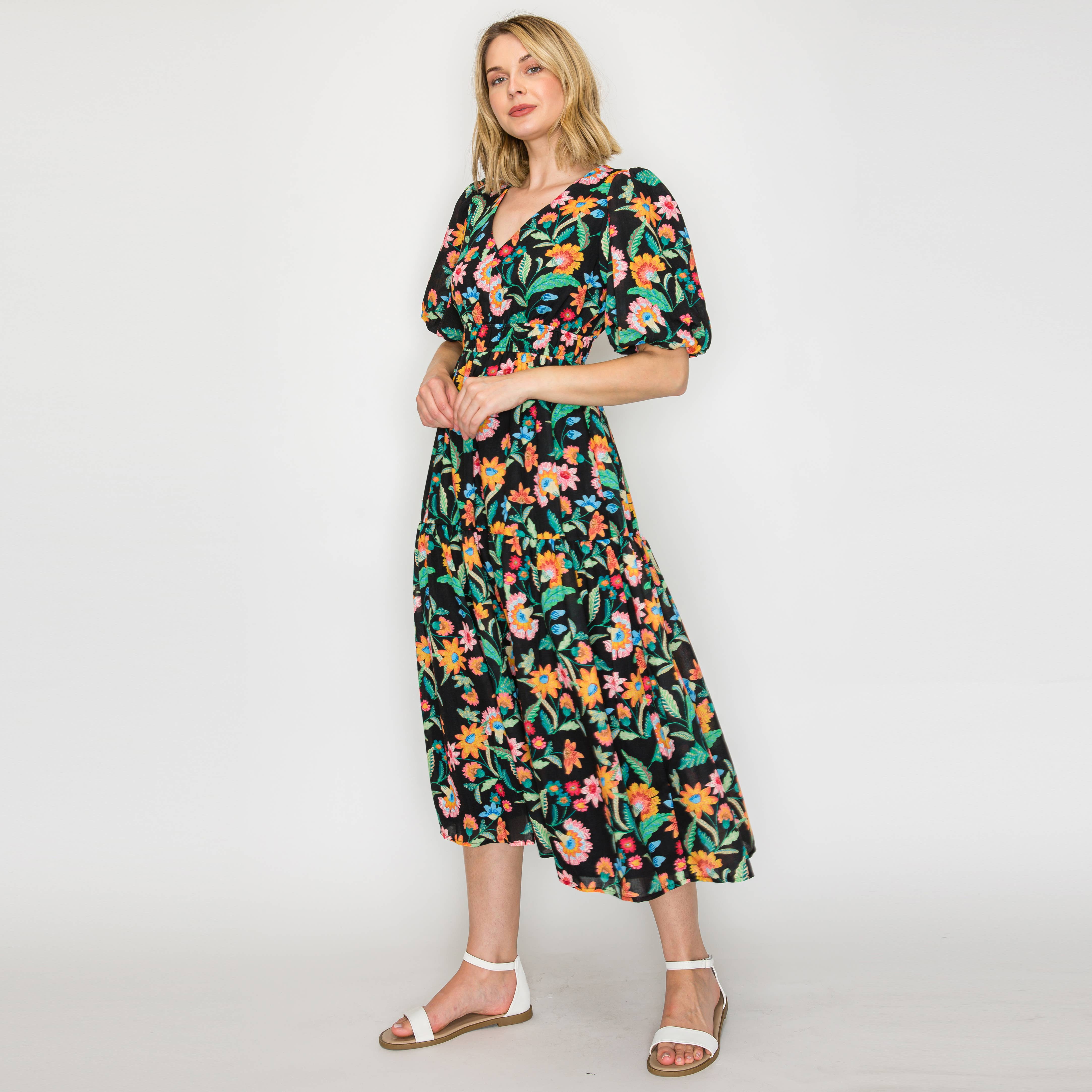 Colorful Jacobean in Black Midi Dress