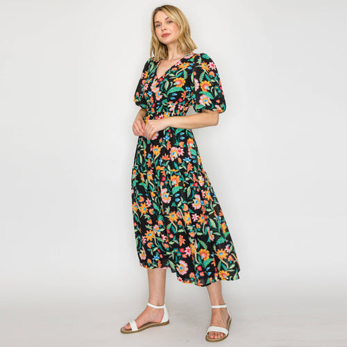 Colorful Jacobean in Black Midi Dress