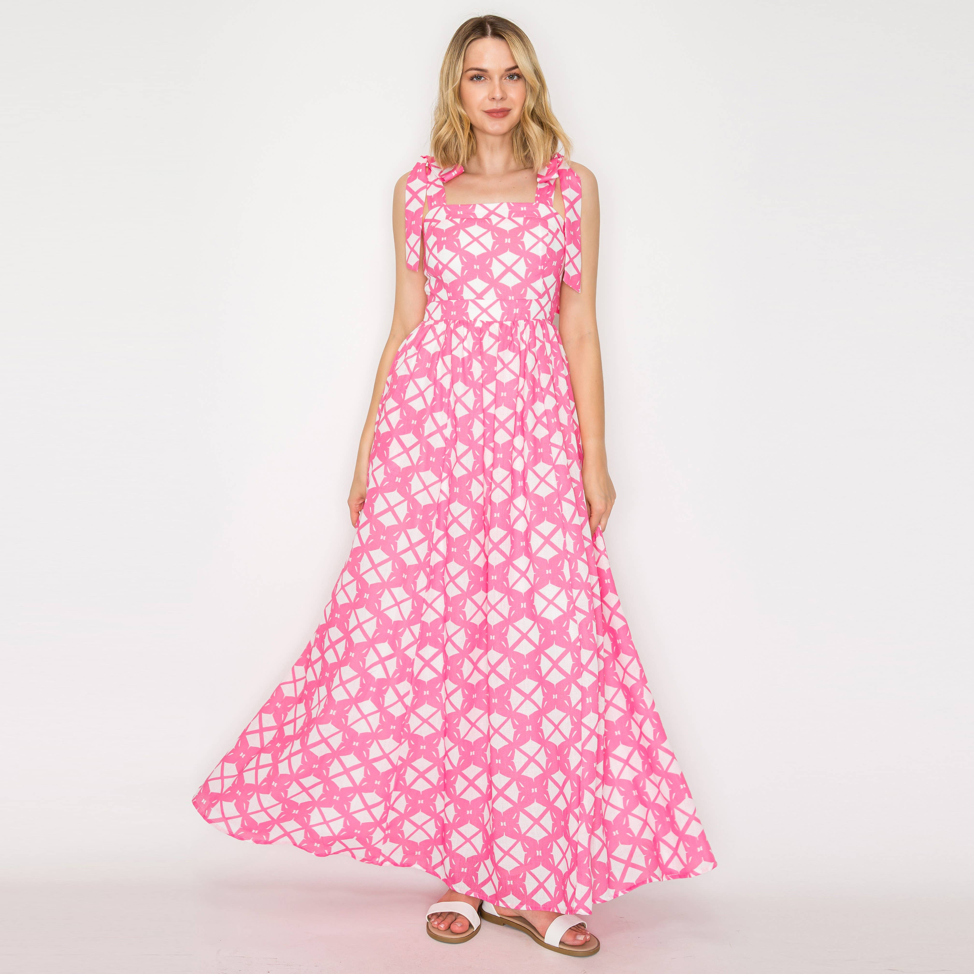 Pink Geo Lace Print Maxi Dress