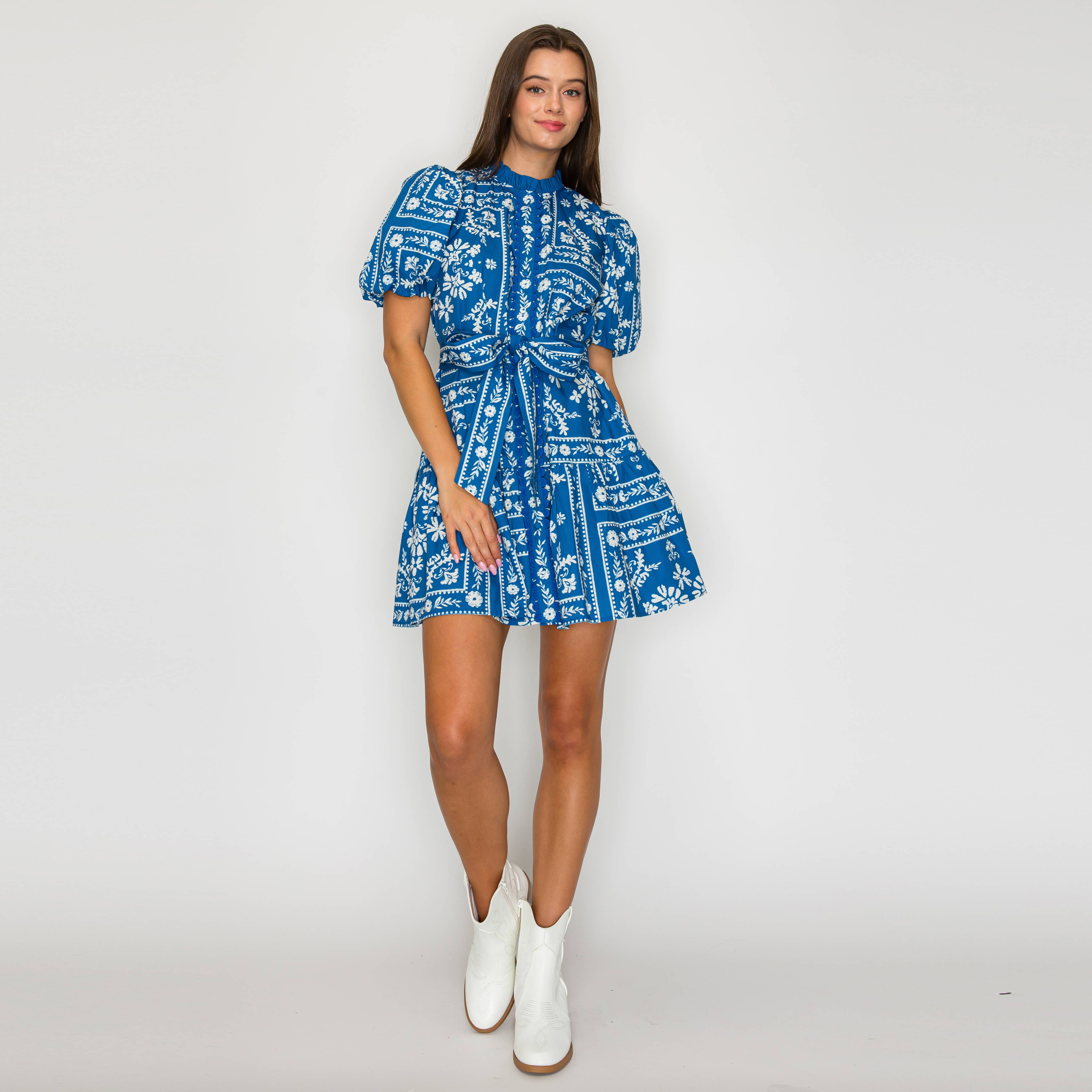 Denim Blue Bandana Print Cotton Mini Dress