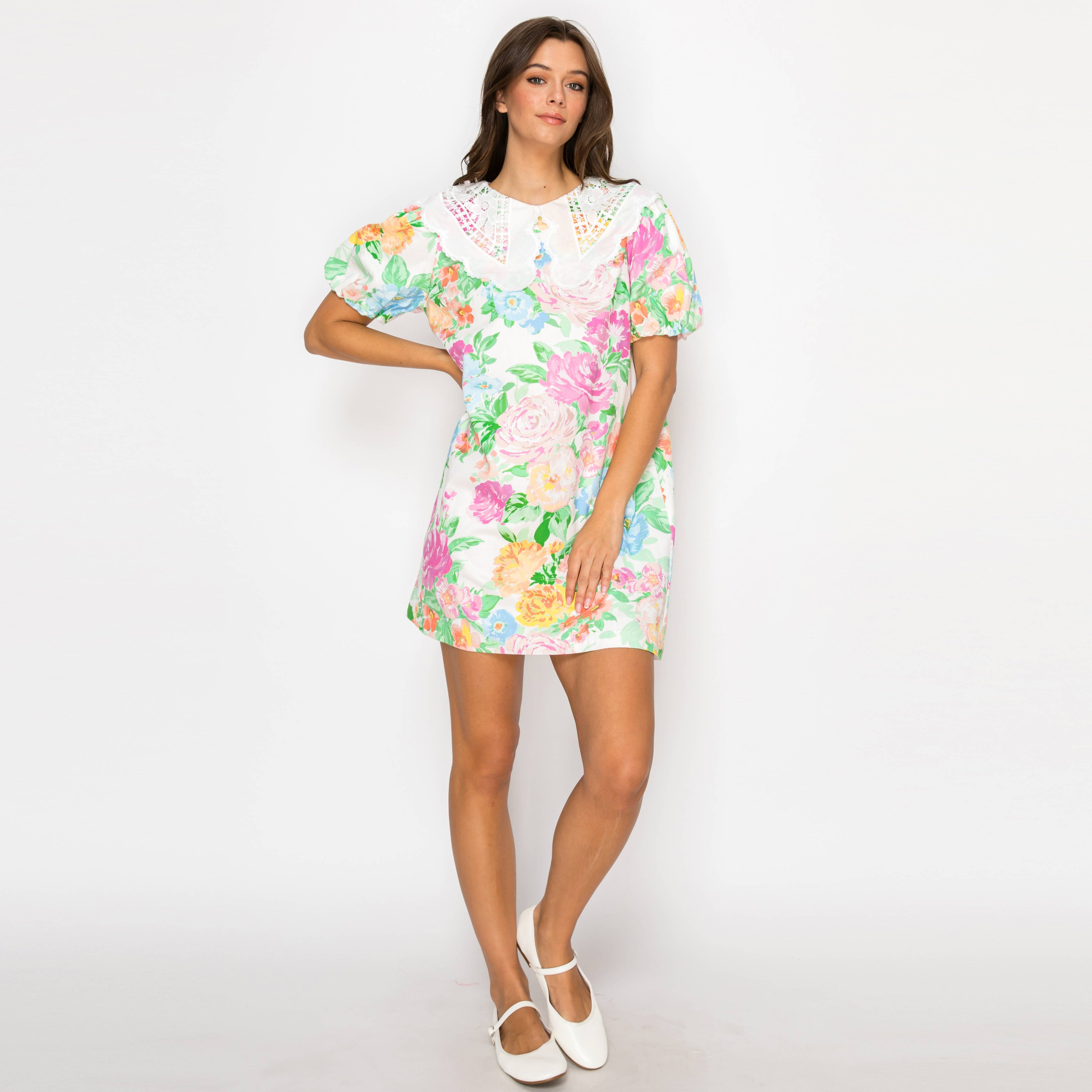 Garden Flower Print Lace Collar Mini Shift Dress