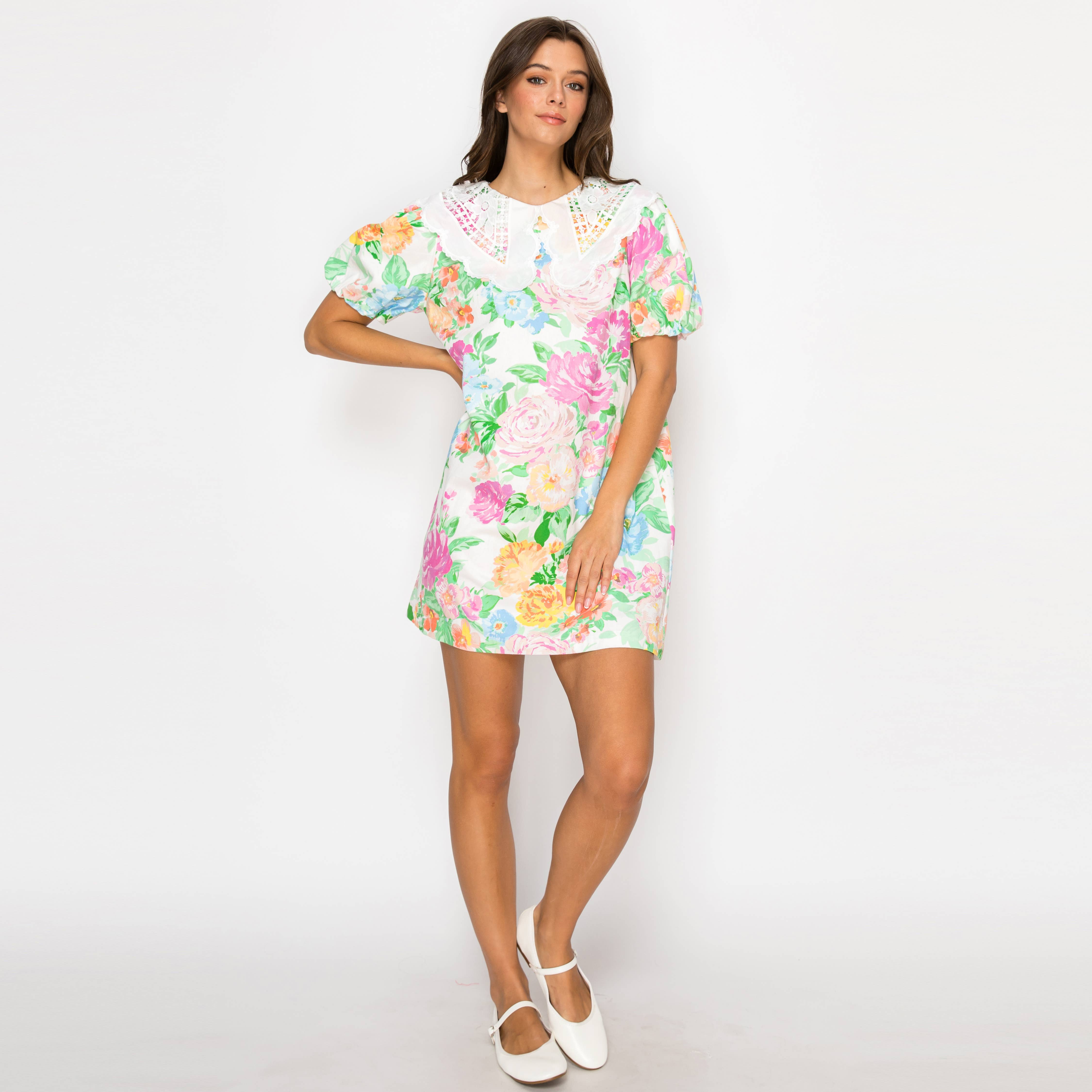 Garden Flower Print Lace Collar Mini Shift Dress