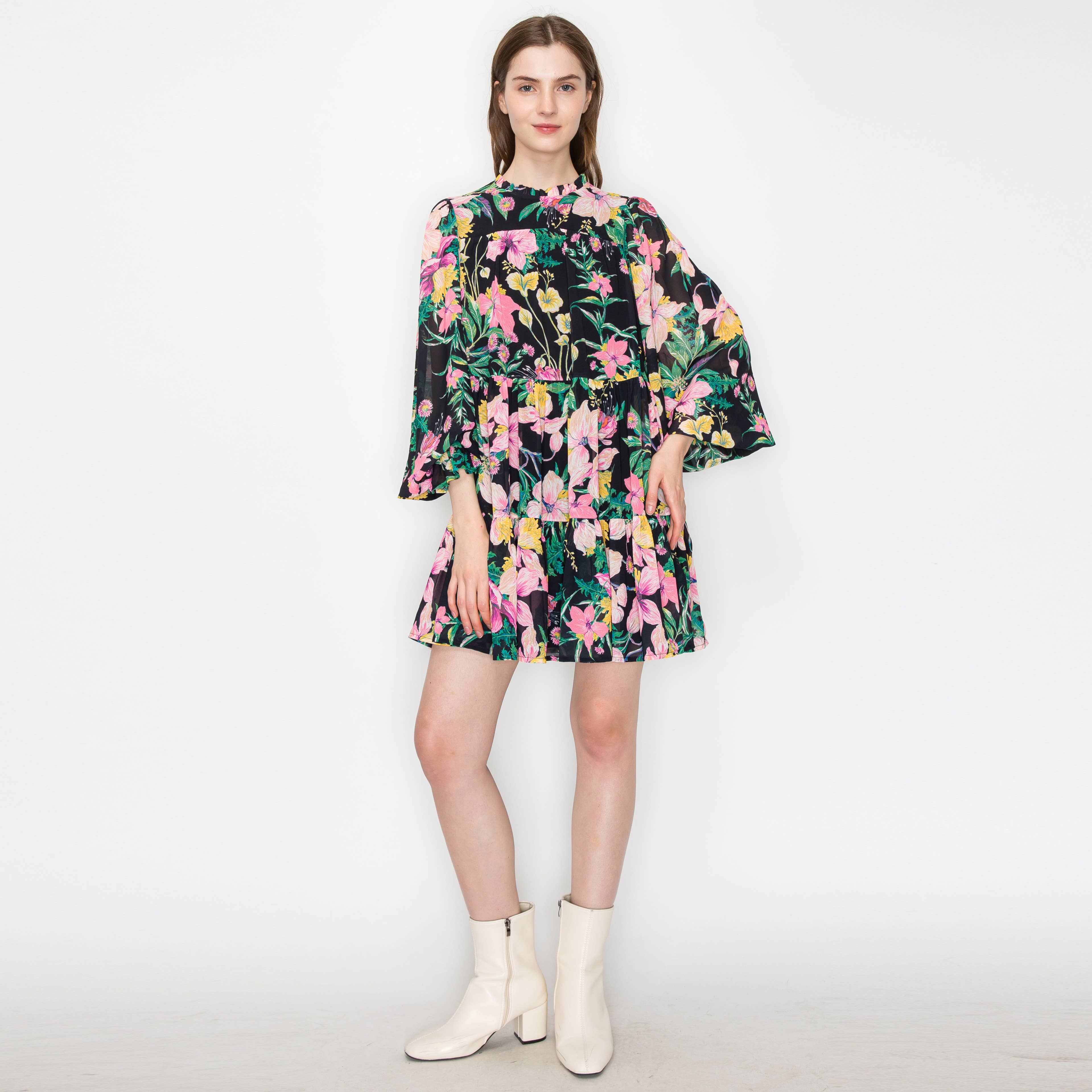 Black wild floral print mini dress