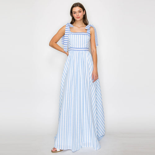 Dreamy Blue Stripe Maxi Dress with Shoulder Tie