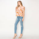 Print linen top with double ruffle sleeves