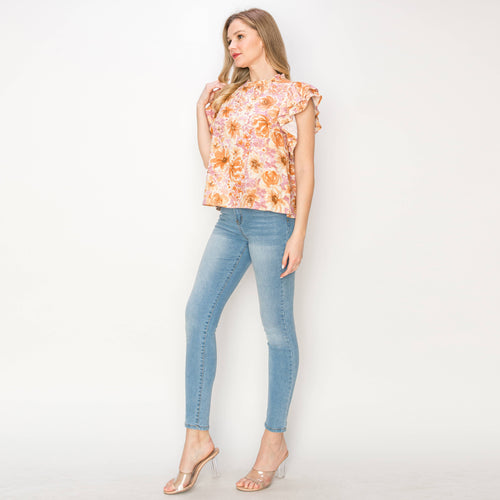 Print linen top with double ruffle sleeves
